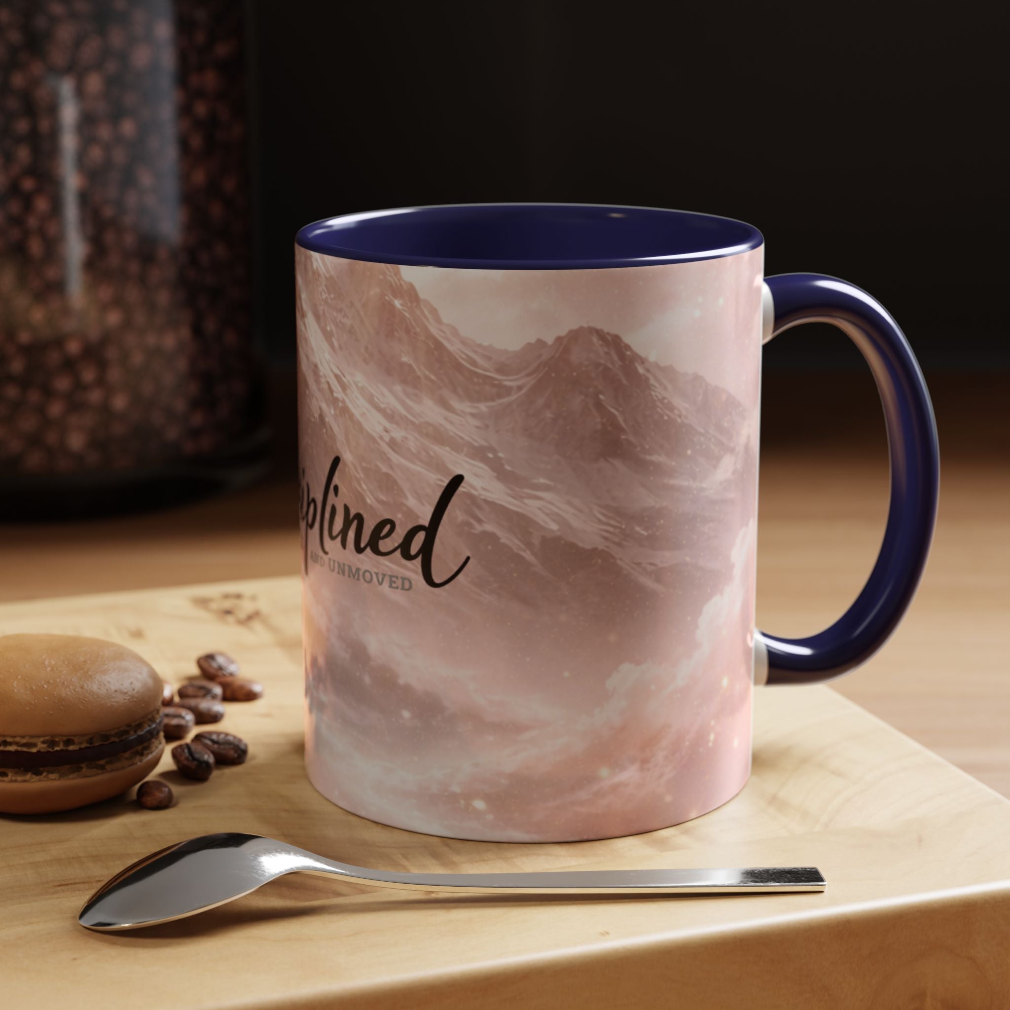 Disciplined Accent Coffee Mug — 'Disciplined: Grounded and Unmoved' Inspirational Pink Marble Ceramic Mug