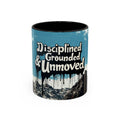 Disciplined, Grounded & Unmoved Coffee Mug — Motivational Mountain Accent Mug (11/15oz)