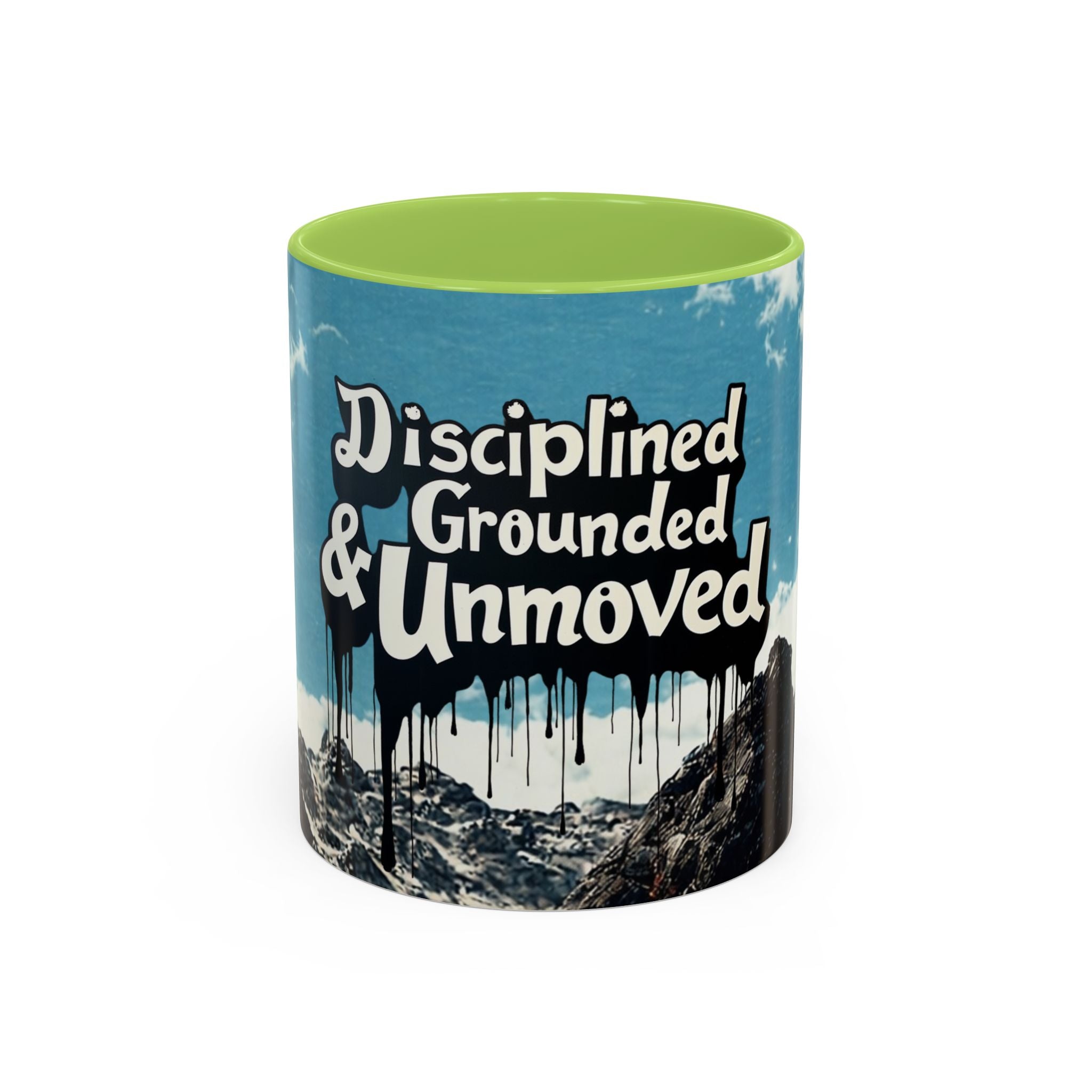 Disciplined, Grounded & Unmoved Coffee Mug — Motivational Mountain Accent Mug (11/15oz)