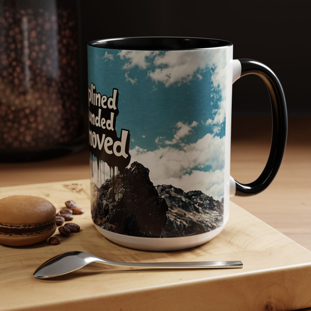 Disciplined, Grounded & Unmoved Coffee Mug — Motivational Mountain Accent Mug (11/15oz)