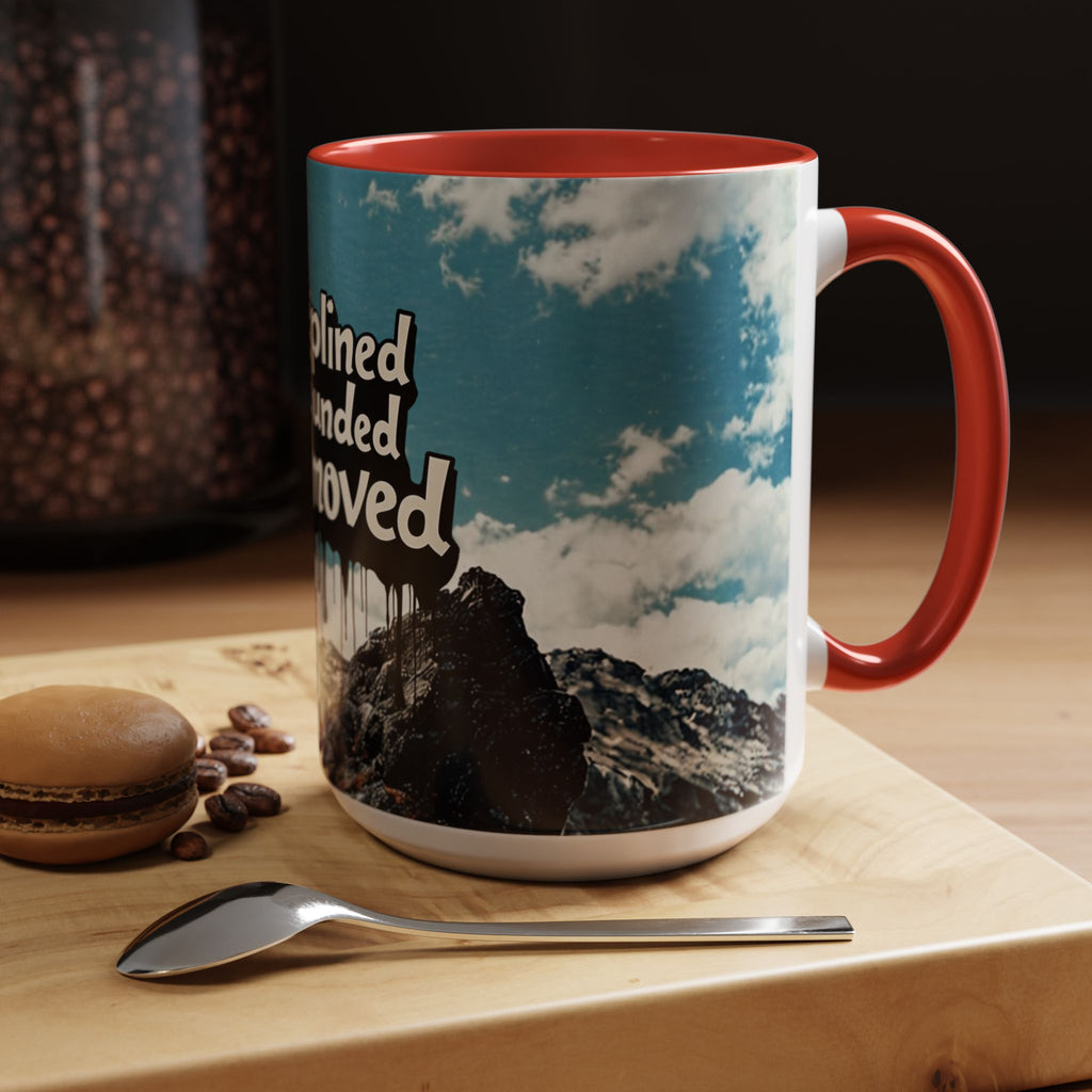 Disciplined, Grounded & Unmoved Coffee Mug — Motivational Mountain Accent Mug (11/15oz)