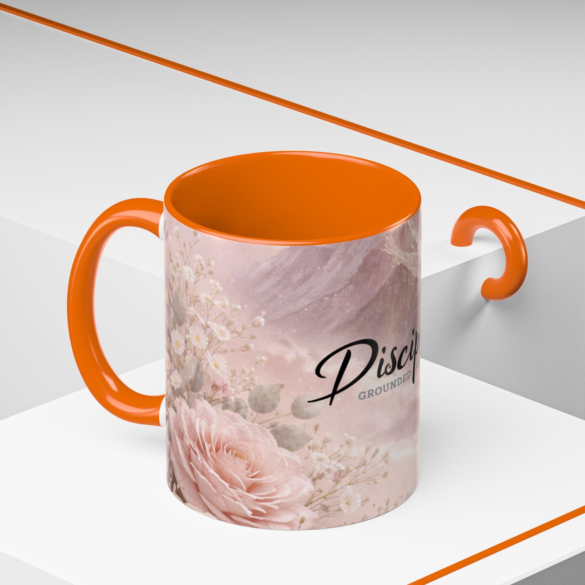 Disciplined Accent Coffee Mug — 'Disciplined: Grounded and Unmoved' Inspirational Pink Marble Ceramic Mug