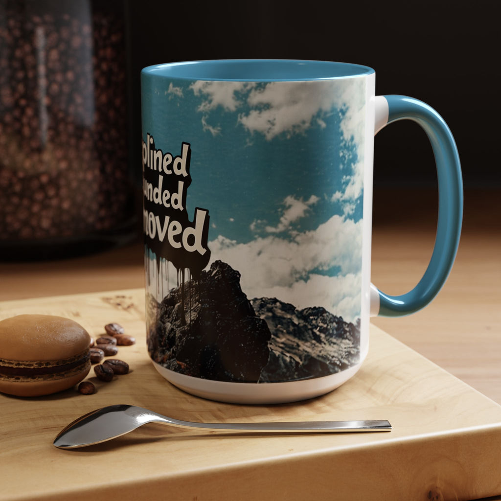 Disciplined, Grounded & Unmoved Coffee Mug — Motivational Mountain Accent Mug (11/15oz)