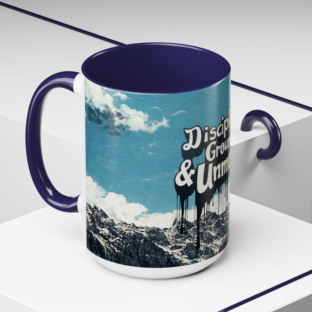 Disciplined, Grounded & Unmoved Coffee Mug — Motivational Mountain Accent Mug (11/15oz)