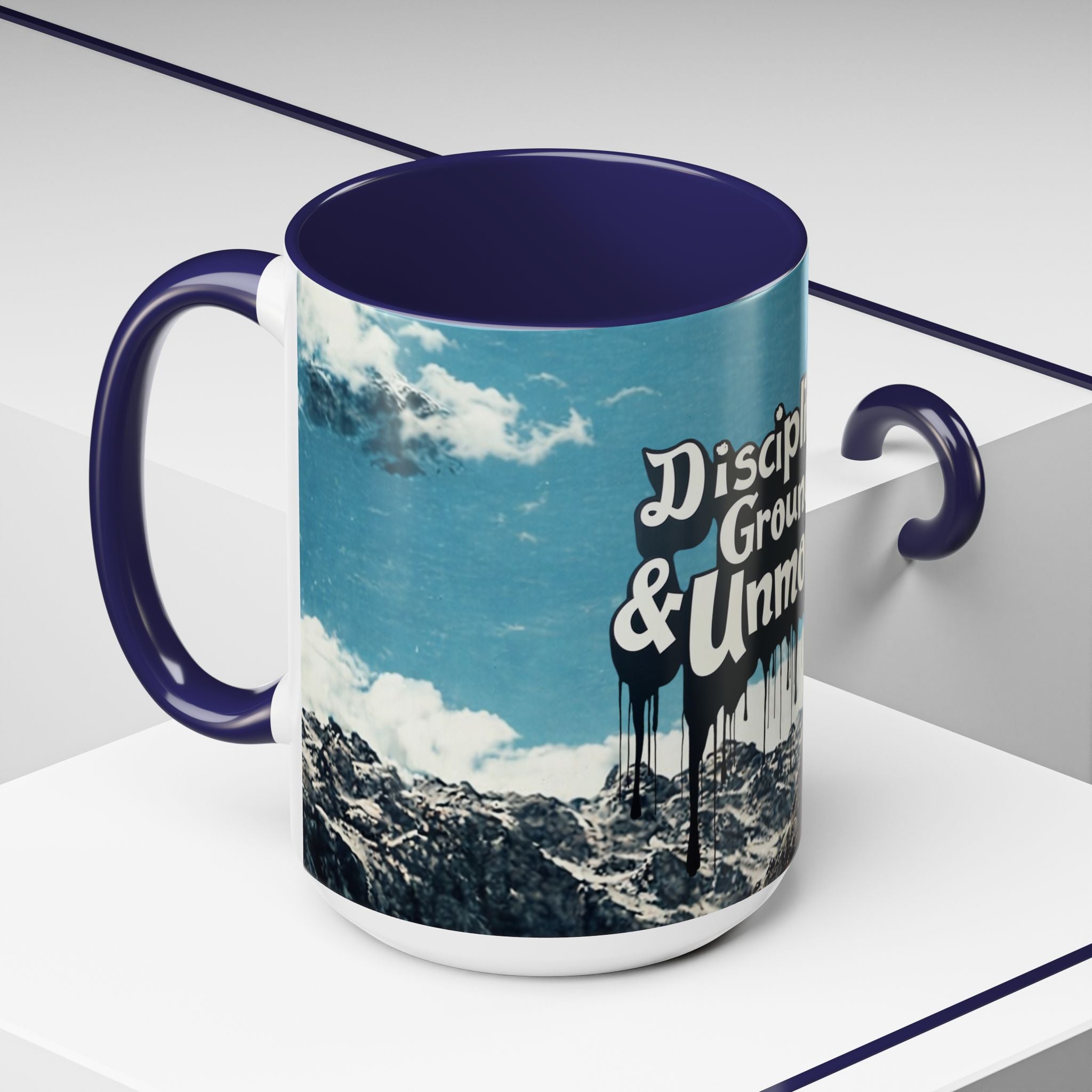 Disciplined, Grounded & Unmoved Coffee Mug — Motivational Mountain Accent Mug (11/15oz)