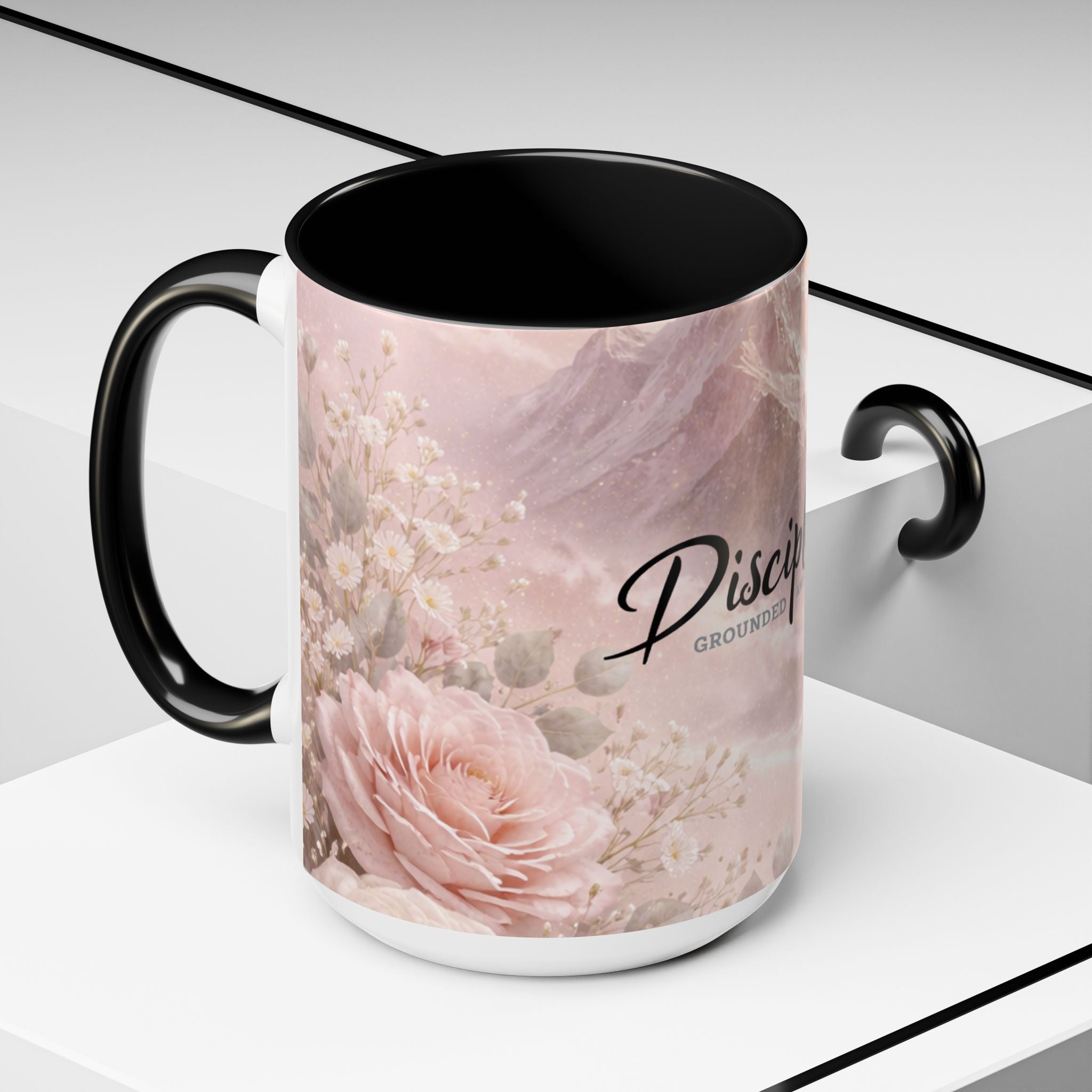 Disciplined Accent Coffee Mug — 'Disciplined: Grounded and Unmoved' Inspirational Pink Marble Ceramic Mug