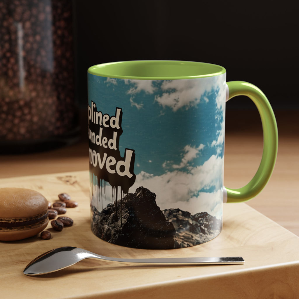 Disciplined, Grounded & Unmoved Coffee Mug — Motivational Mountain Accent Mug (11/15oz)