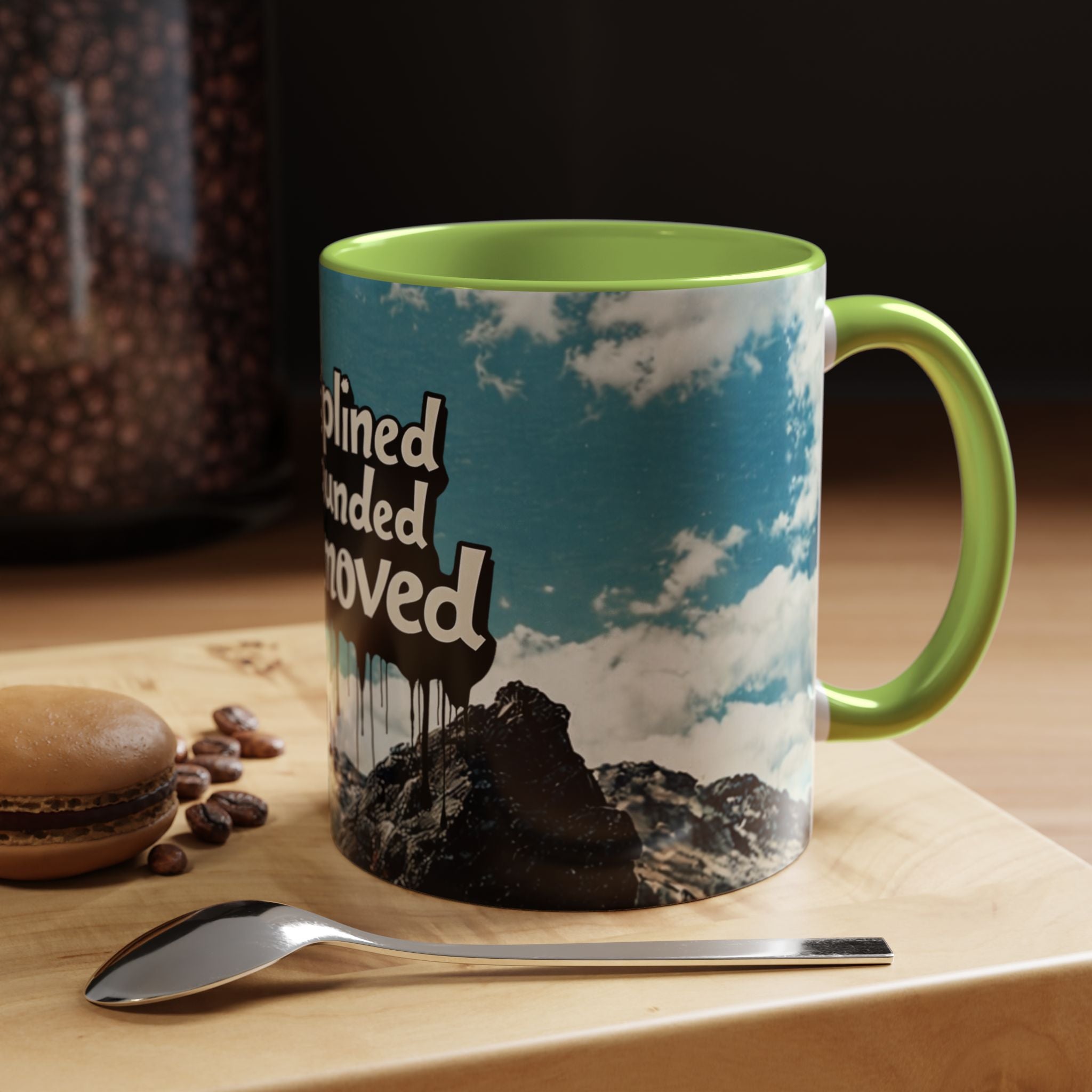 Disciplined, Grounded & Unmoved Coffee Mug — Motivational Mountain Accent Mug (11/15oz)