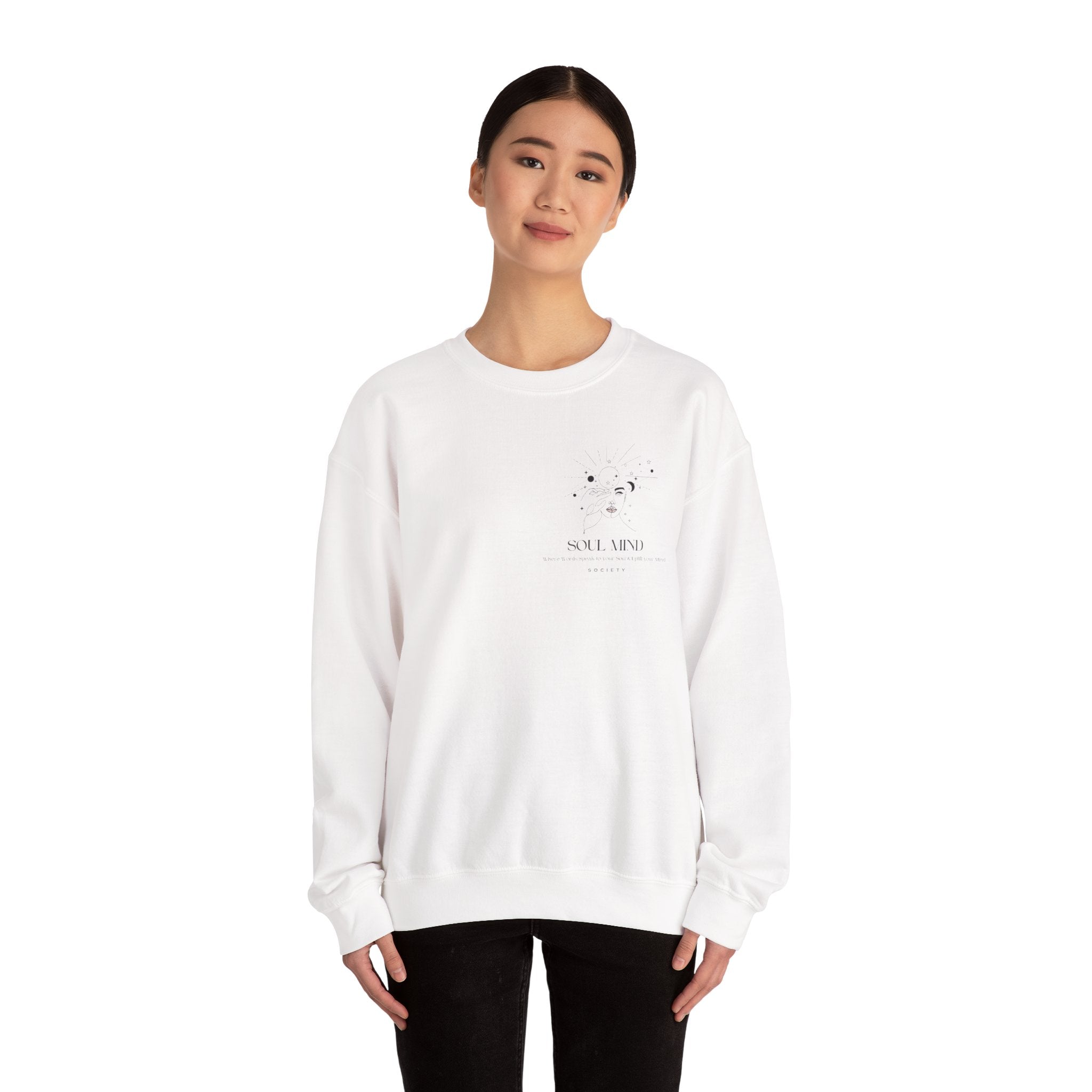 Be Uplifted Back Graphic Crewneck Sweatshirt | Soli Mind Front Logo