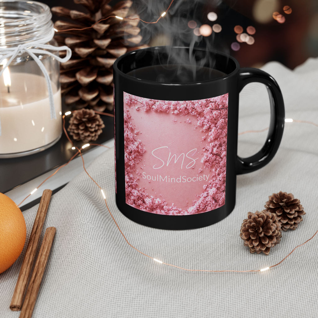 Pink Rose Cloud Black Mug — 'SMS SoulMindSociety' 11oz & 15oz