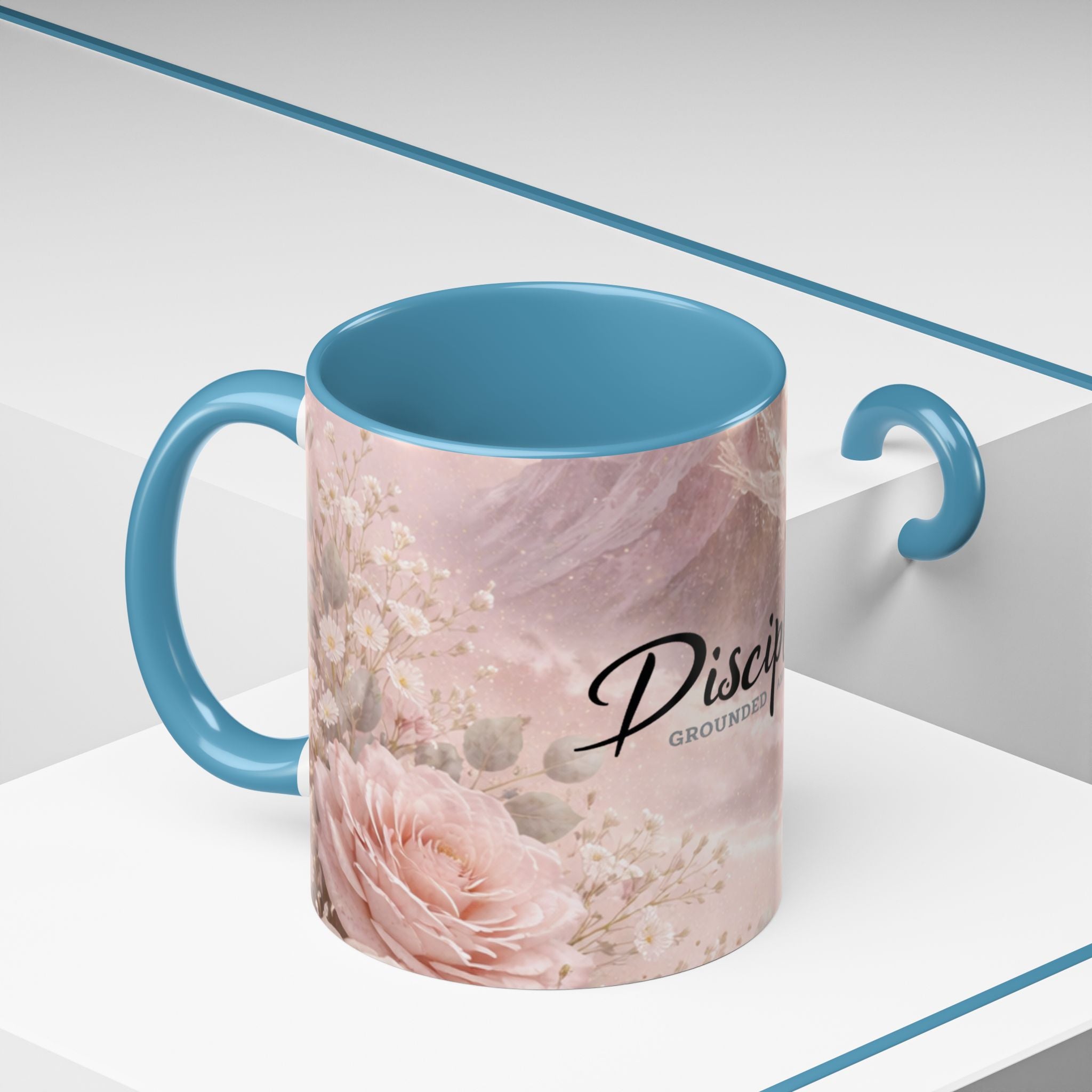 Disciplined Accent Coffee Mug — 'Disciplined: Grounded and Unmoved' Inspirational Pink Marble Ceramic Mug