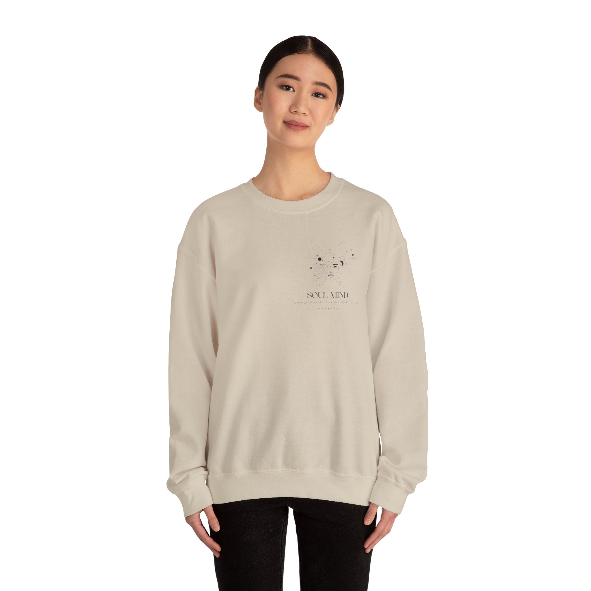 Be Uplifted Back Graphic Crewneck Sweatshirt | Soli Mind Front Logo