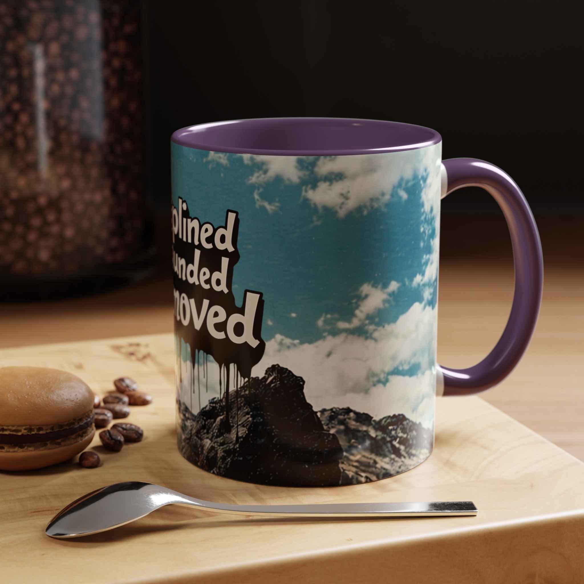 Disciplined, Grounded & Unmoved Coffee Mug — Motivational Mountain Accent Mug (11/15oz)
