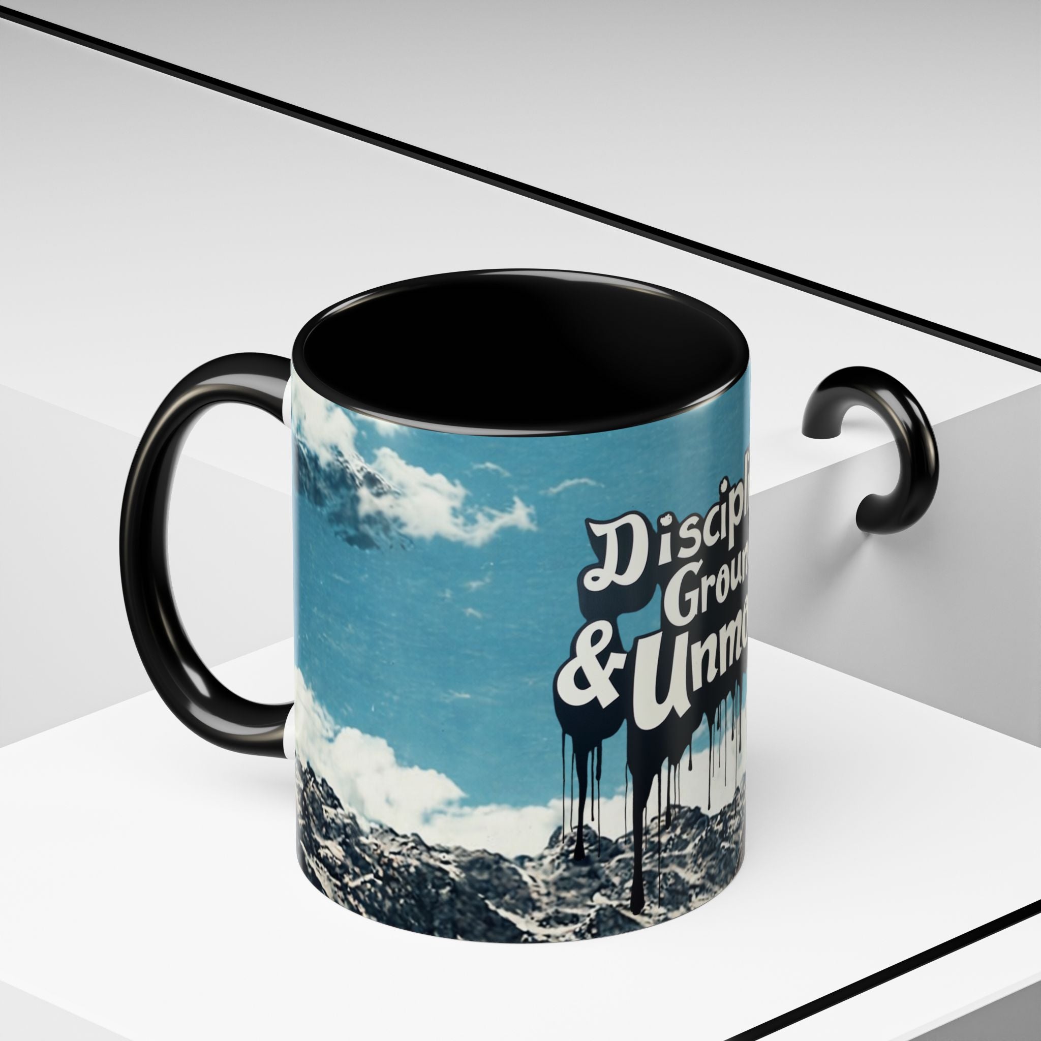 Disciplined, Grounded & Unmoved Coffee Mug — Motivational Mountain Accent Mug (11/15oz)