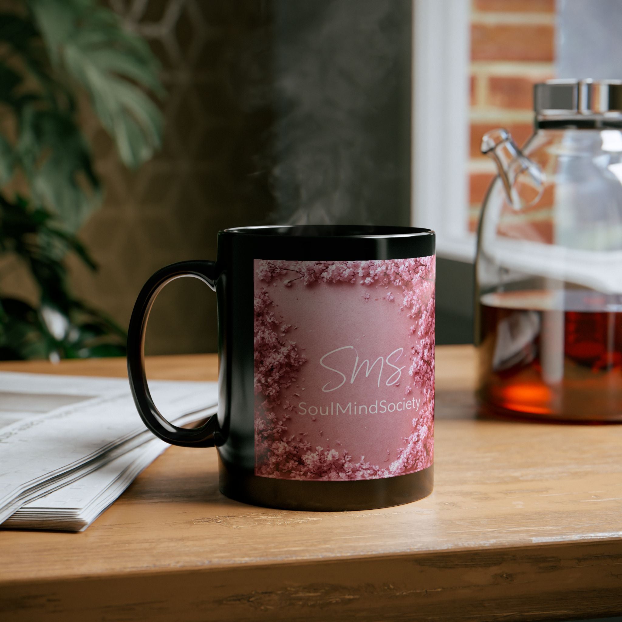 Pink Rose Cloud Black Mug — 'SMS SoulMindSociety' 11oz & 15oz