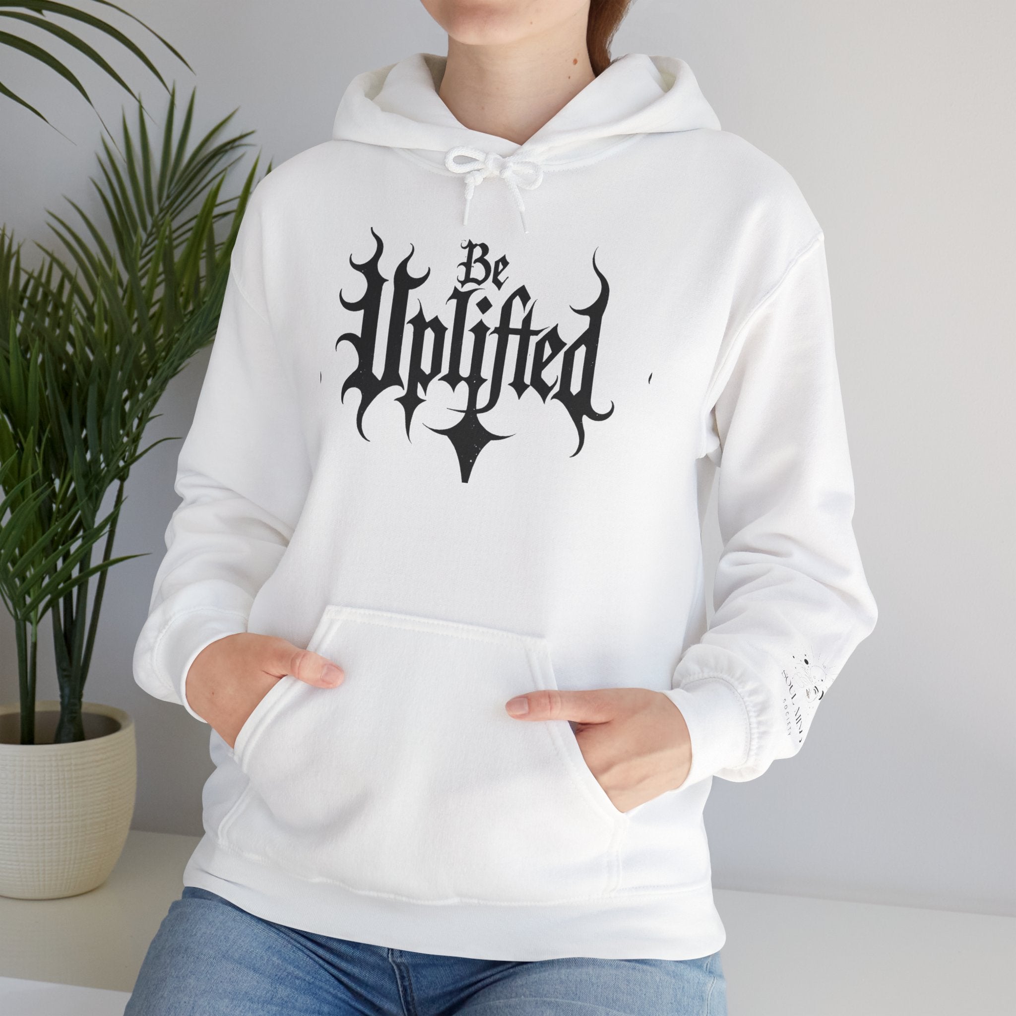 Be Uplifted hoodie | Gothic script cross design