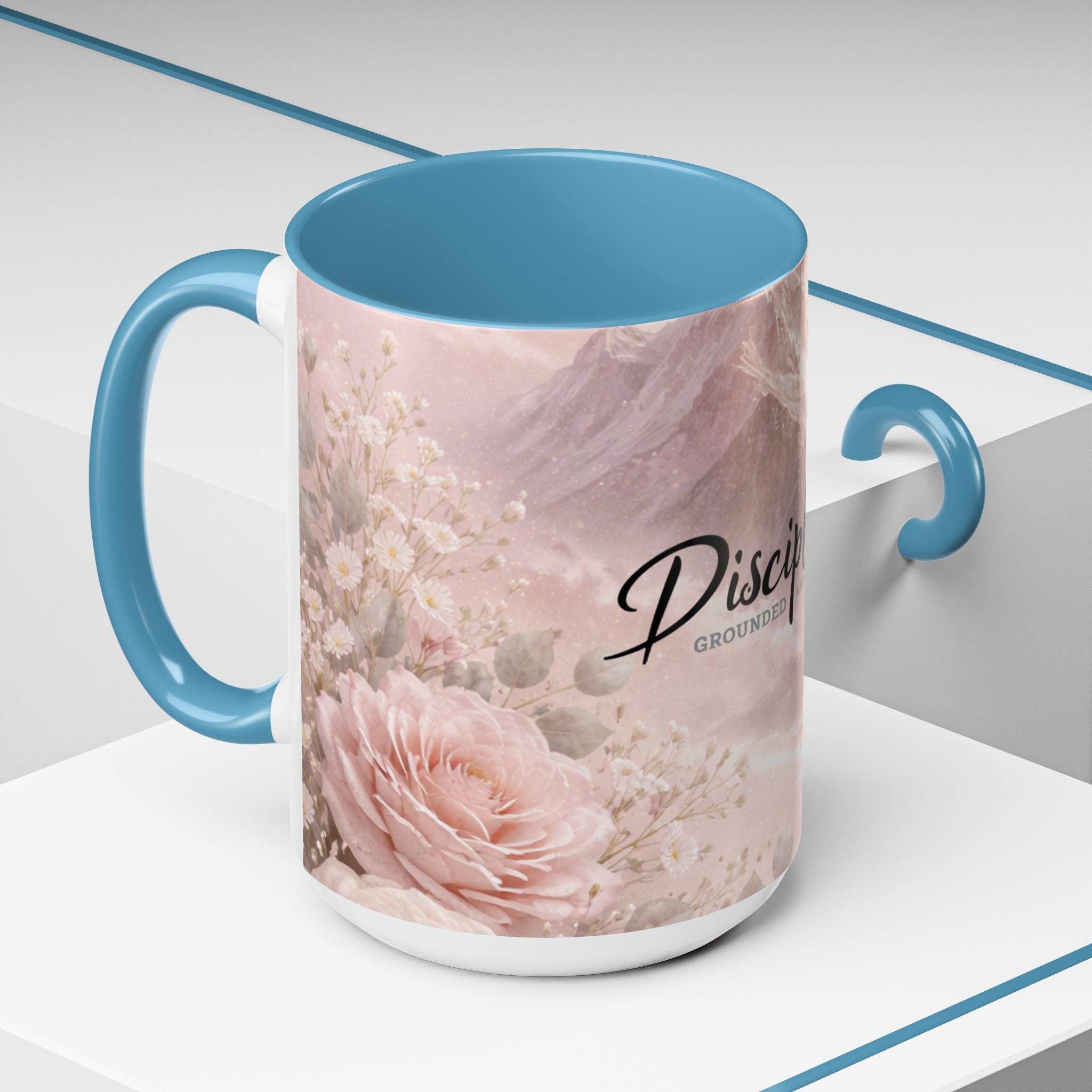 Disciplined Accent Coffee Mug — 'Disciplined: Grounded and Unmoved' Inspirational Pink Marble Ceramic Mug