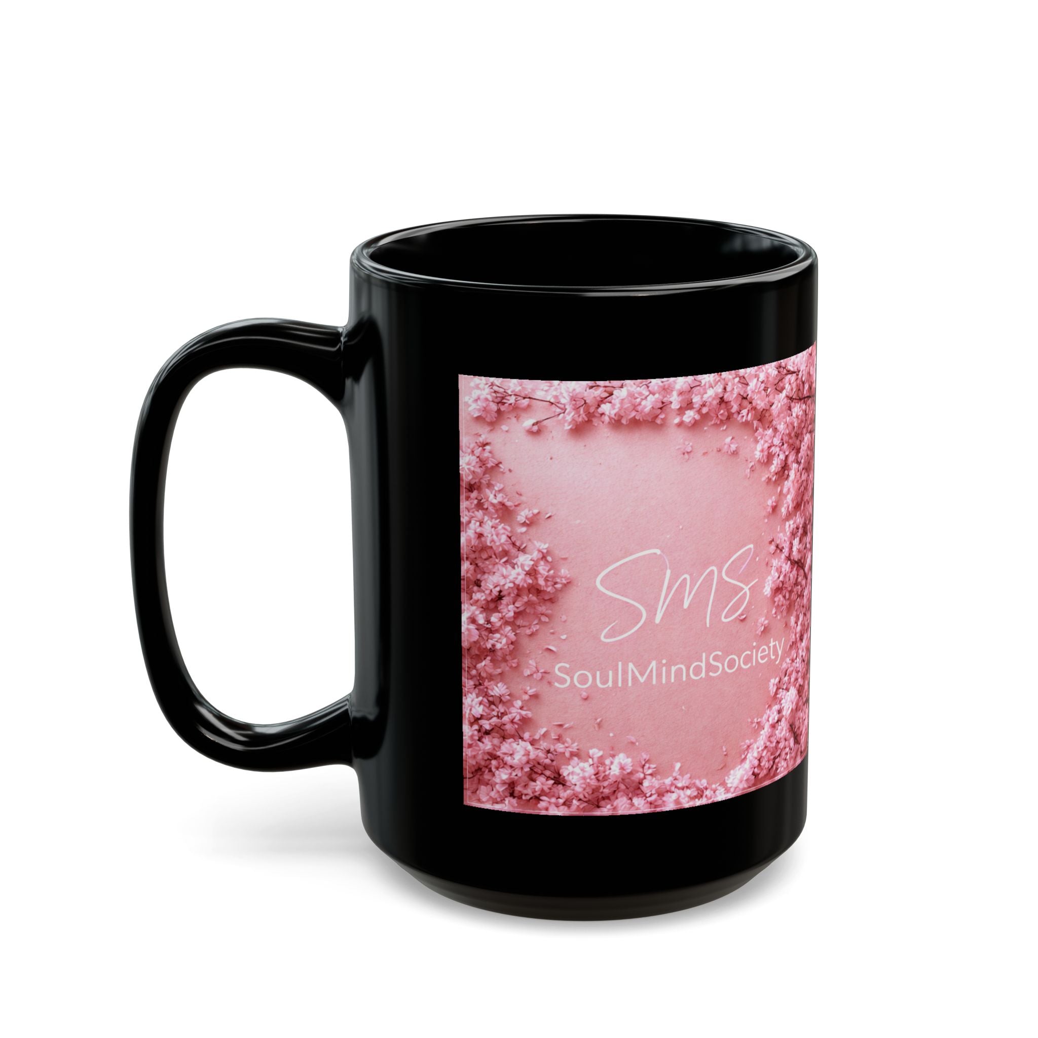 Pink Rose Cloud Black Mug — 'SMS SoulMindSociety' 11oz & 15oz