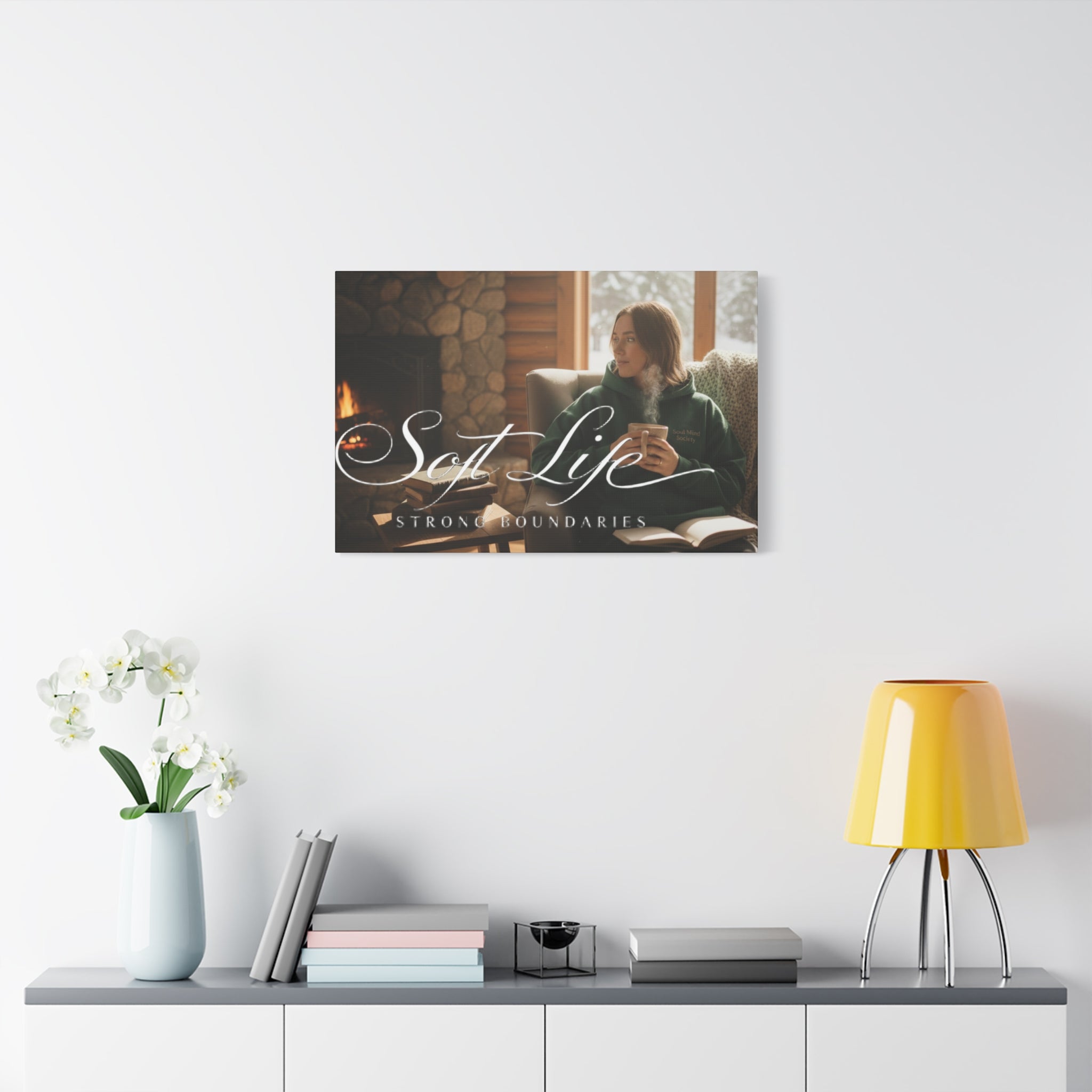Canvas Wall Art — "Soft Life, Strong Boundaries" Woman 2 Cozy Cabin Print