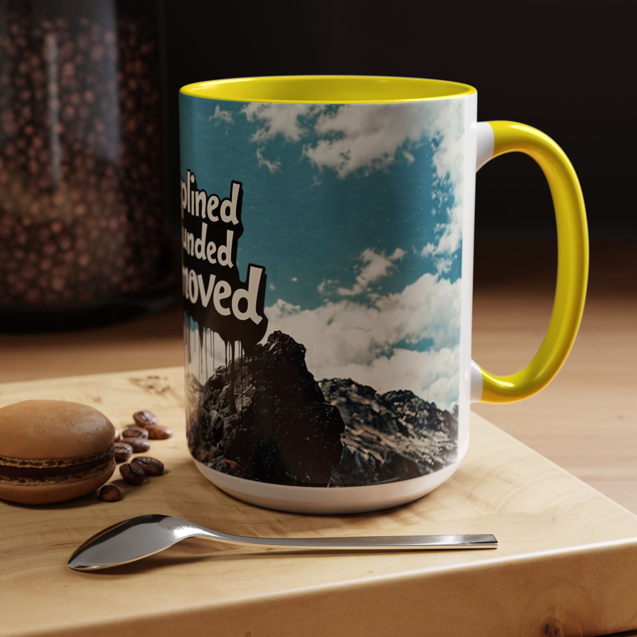 Disciplined, Grounded & Unmoved Coffee Mug — Motivational Mountain Accent Mug (11/15oz)