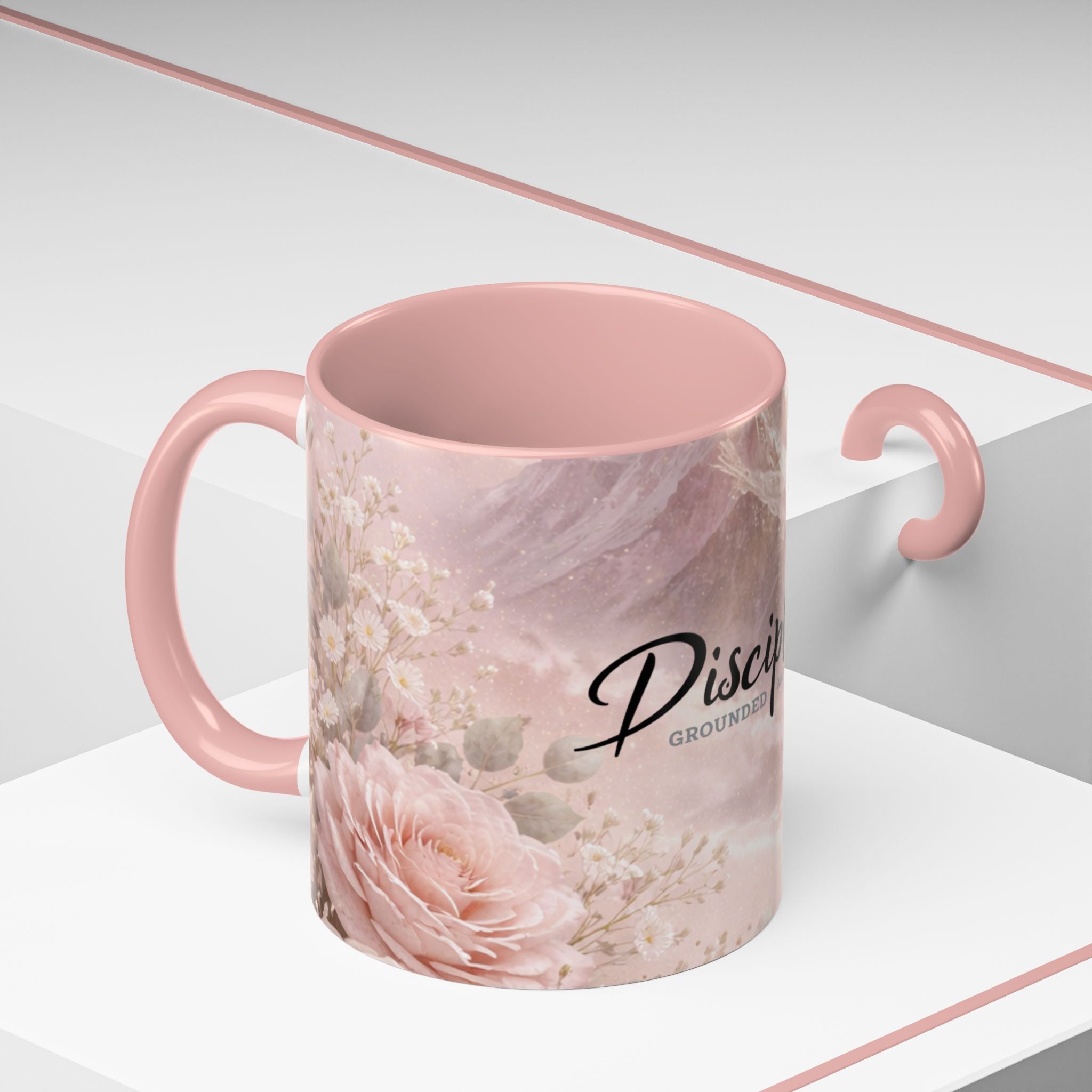 Disciplined Accent Coffee Mug — 'Disciplined: Grounded and Unmoved' Inspirational Pink Marble Ceramic Mug