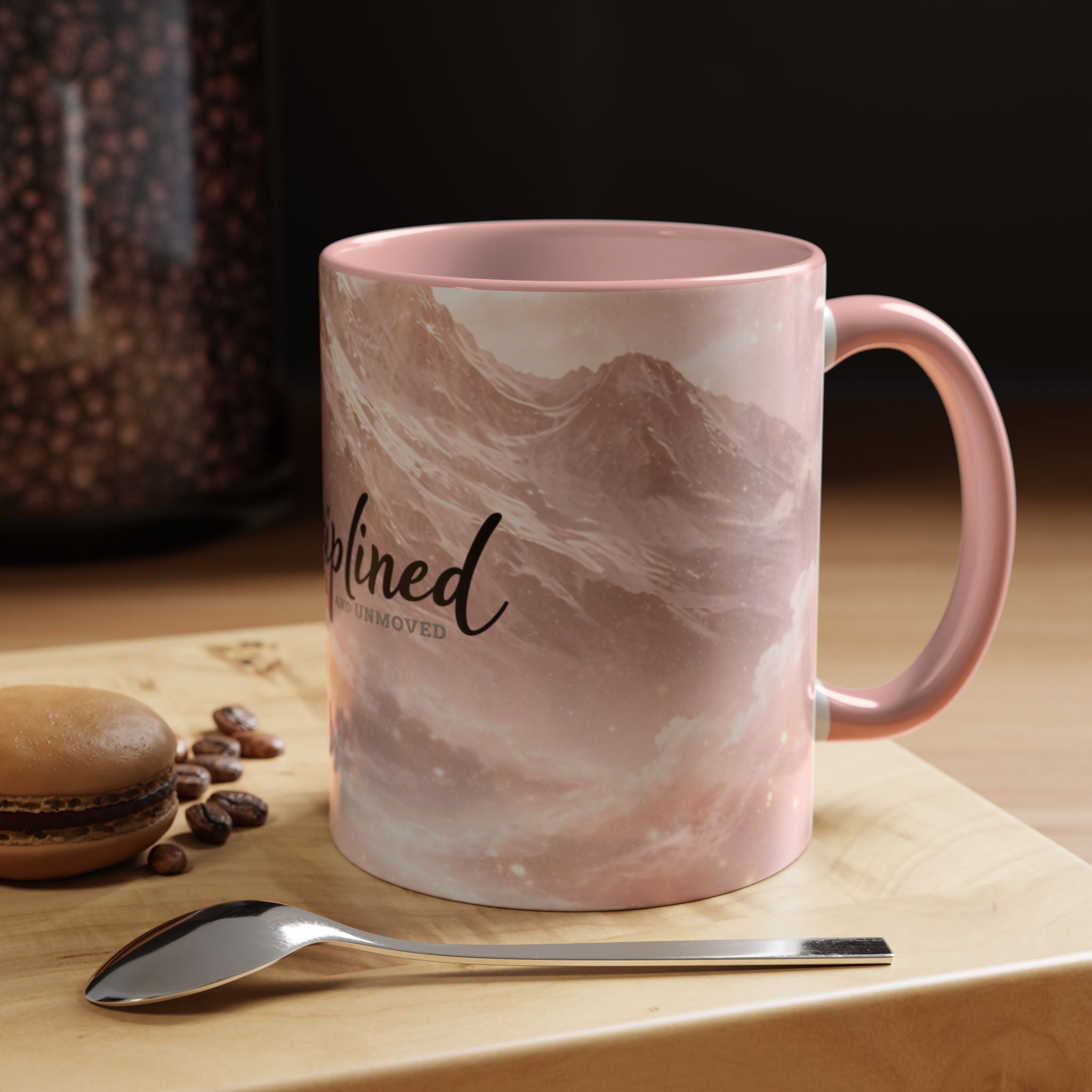 Disciplined Accent Coffee Mug — 'Disciplined: Grounded and Unmoved' Inspirational Pink Marble Ceramic Mug