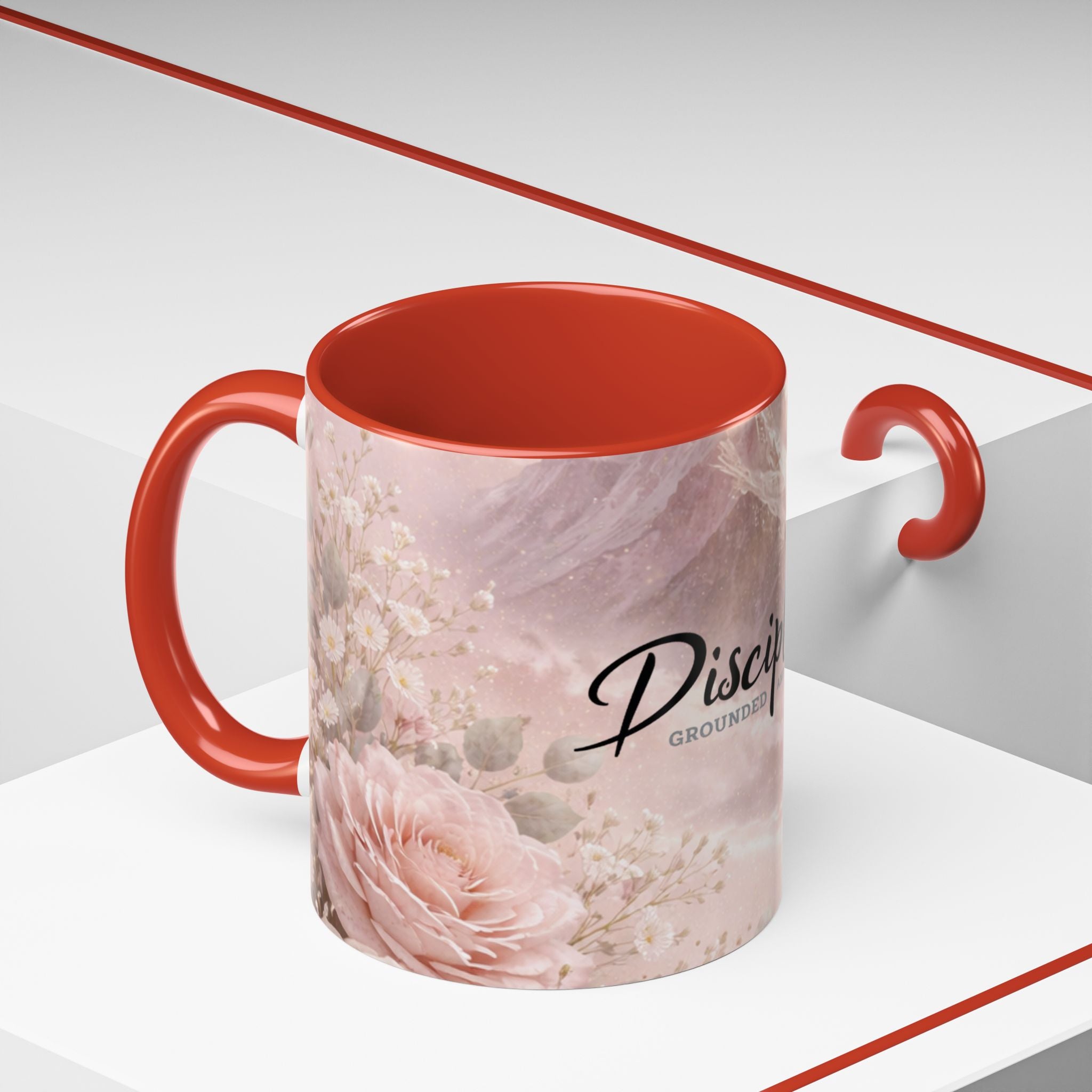 Disciplined Accent Coffee Mug — 'Disciplined: Grounded and Unmoved' Inspirational Pink Marble Ceramic Mug