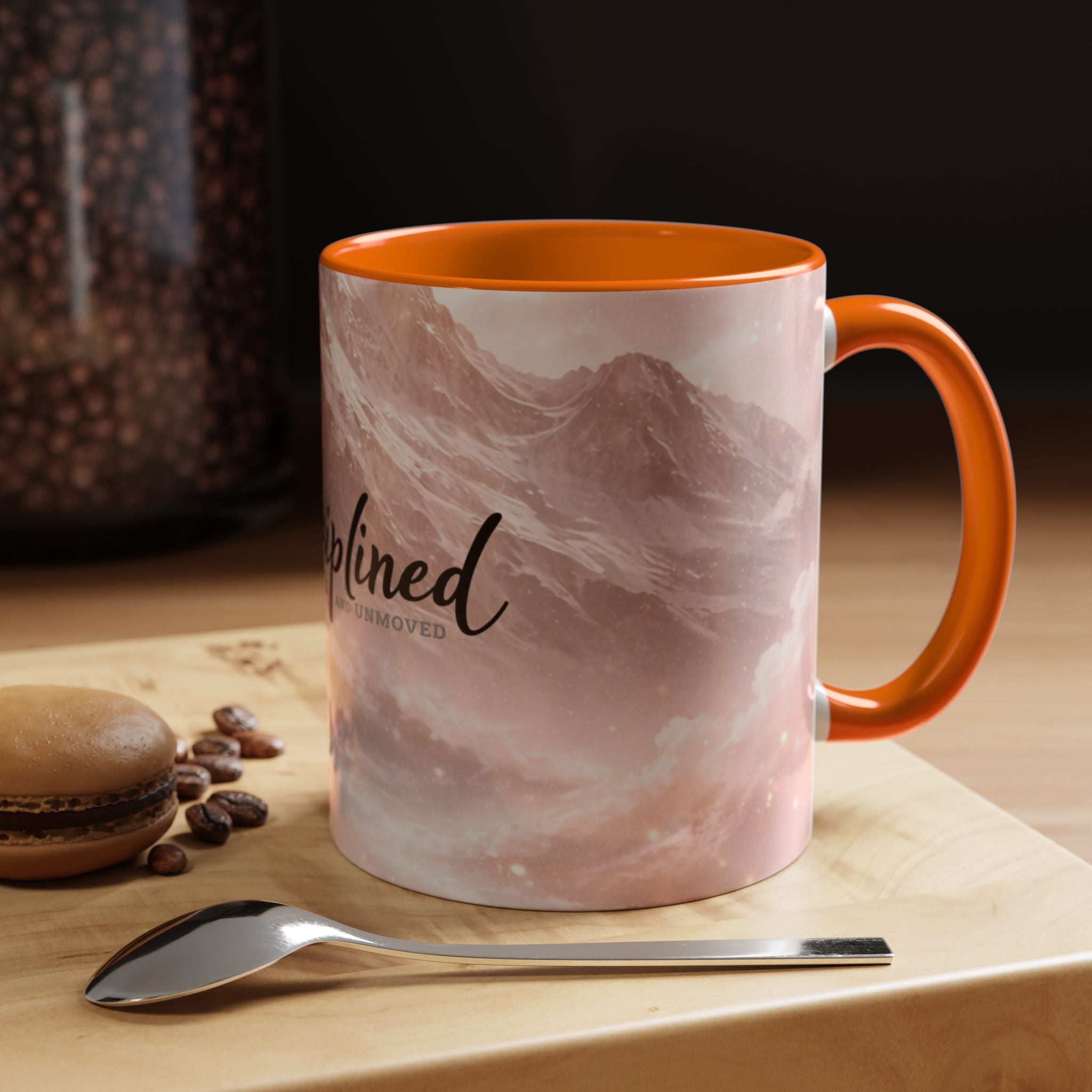 Disciplined Accent Coffee Mug — 'Disciplined: Grounded and Unmoved' Inspirational Pink Marble Ceramic Mug