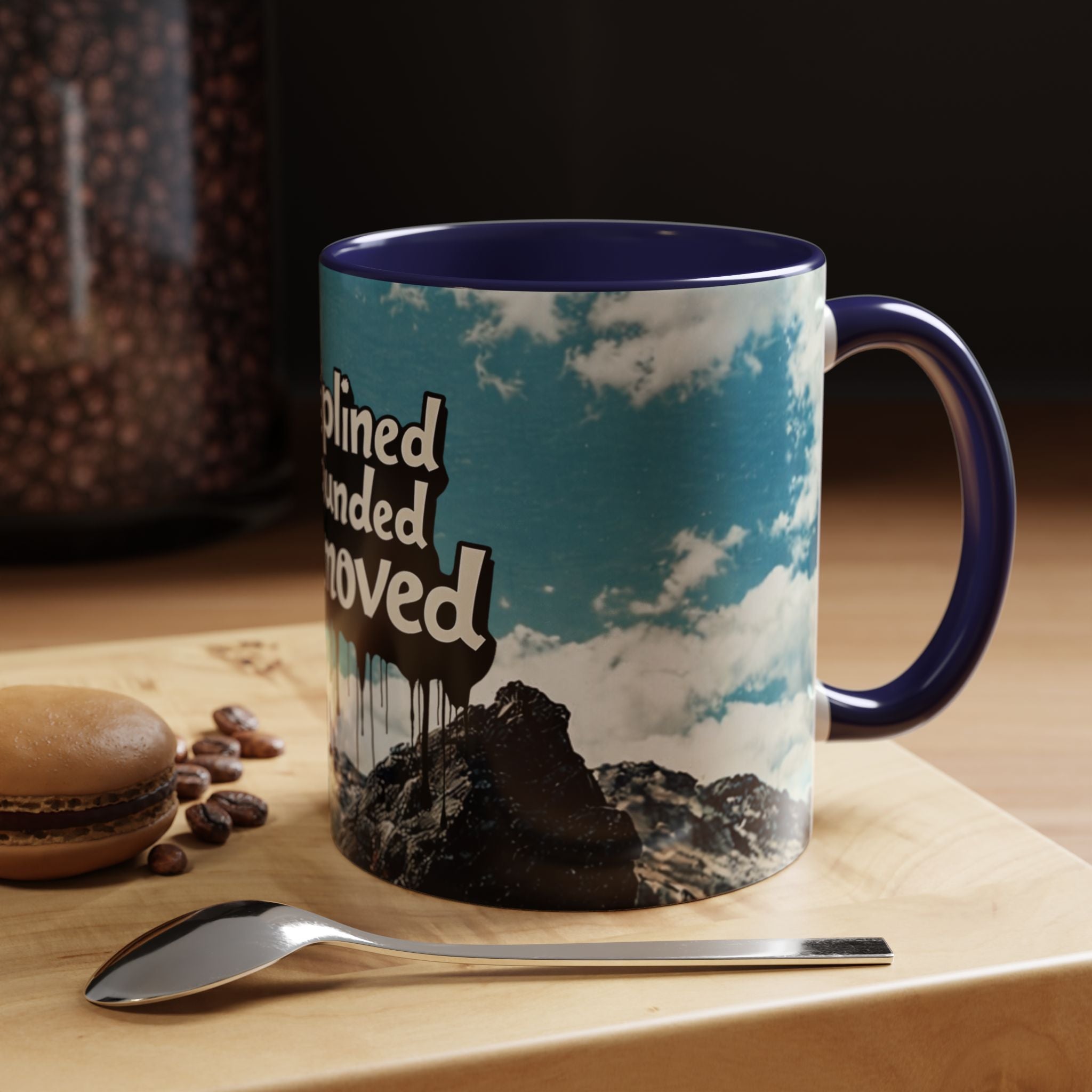 Disciplined, Grounded & Unmoved Coffee Mug — Motivational Mountain Accent Mug (11/15oz)