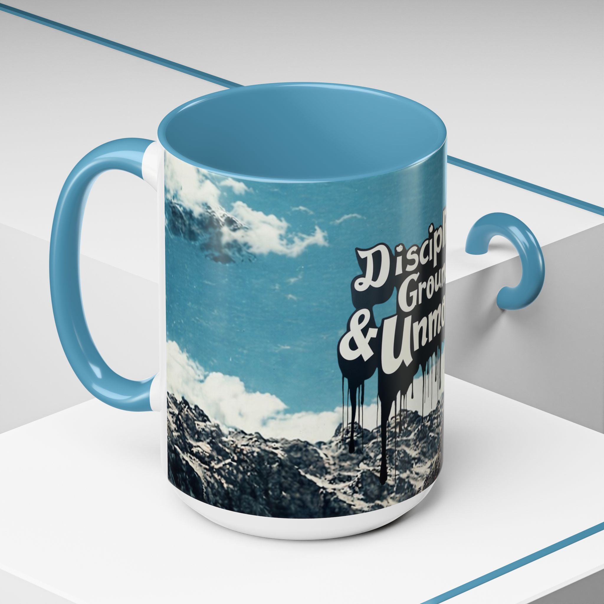 Disciplined, Grounded & Unmoved Coffee Mug — Motivational Mountain Accent Mug (11/15oz)