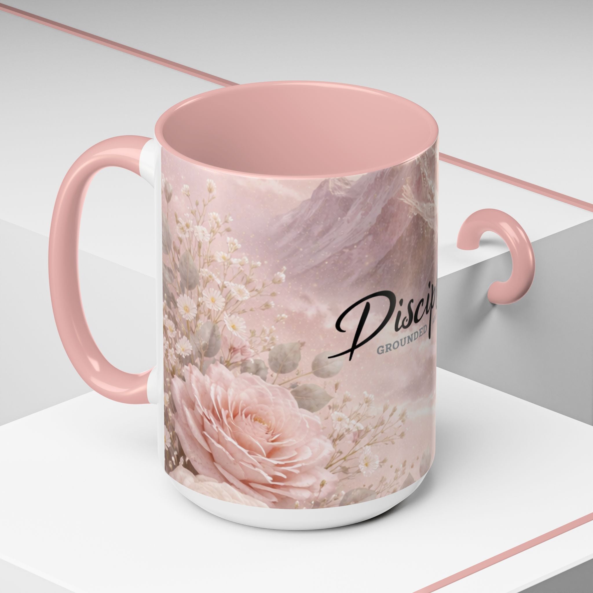 Disciplined Accent Coffee Mug — 'Disciplined: Grounded and Unmoved' Inspirational Pink Marble Ceramic Mug