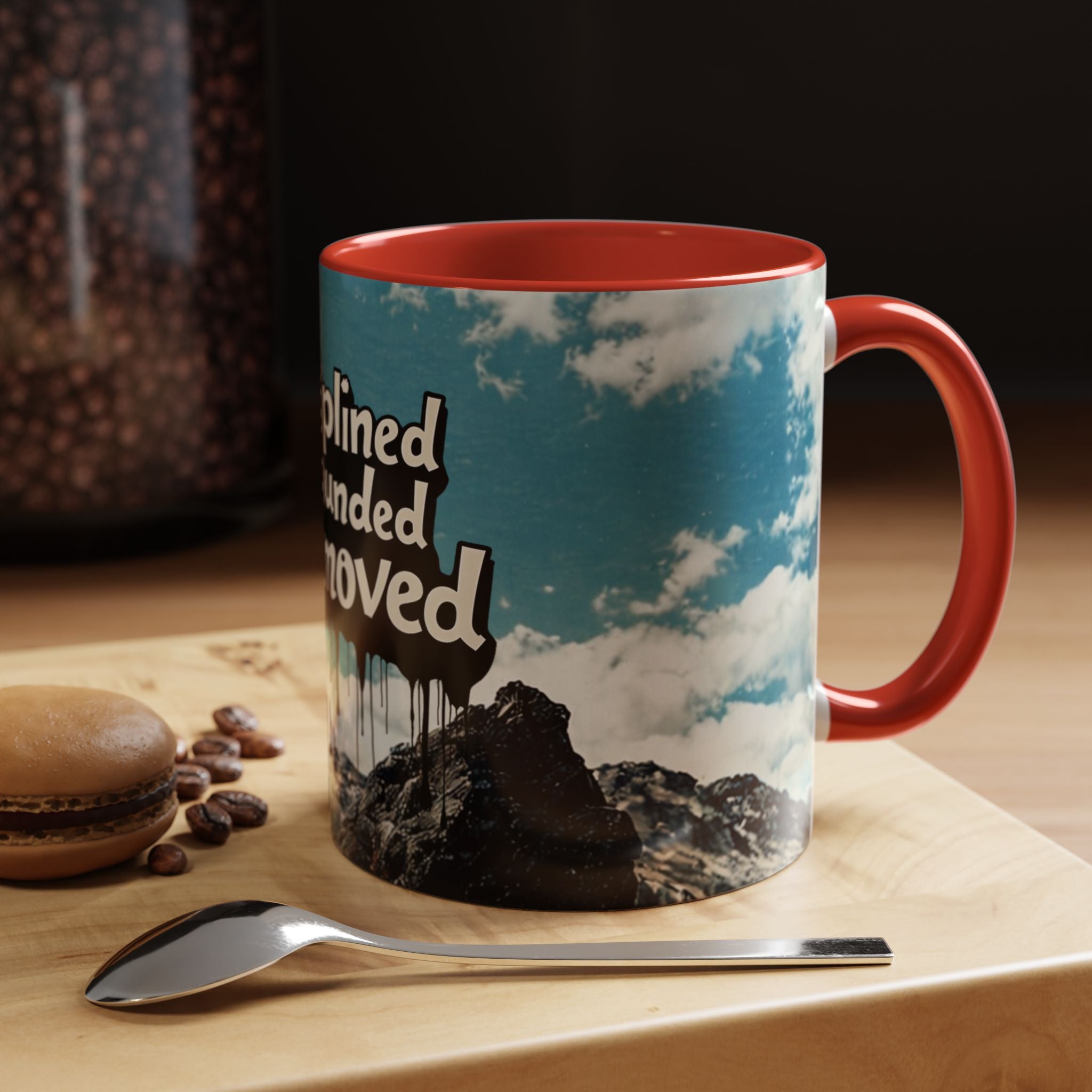 Disciplined, Grounded & Unmoved Coffee Mug — Motivational Mountain Accent Mug (11/15oz)