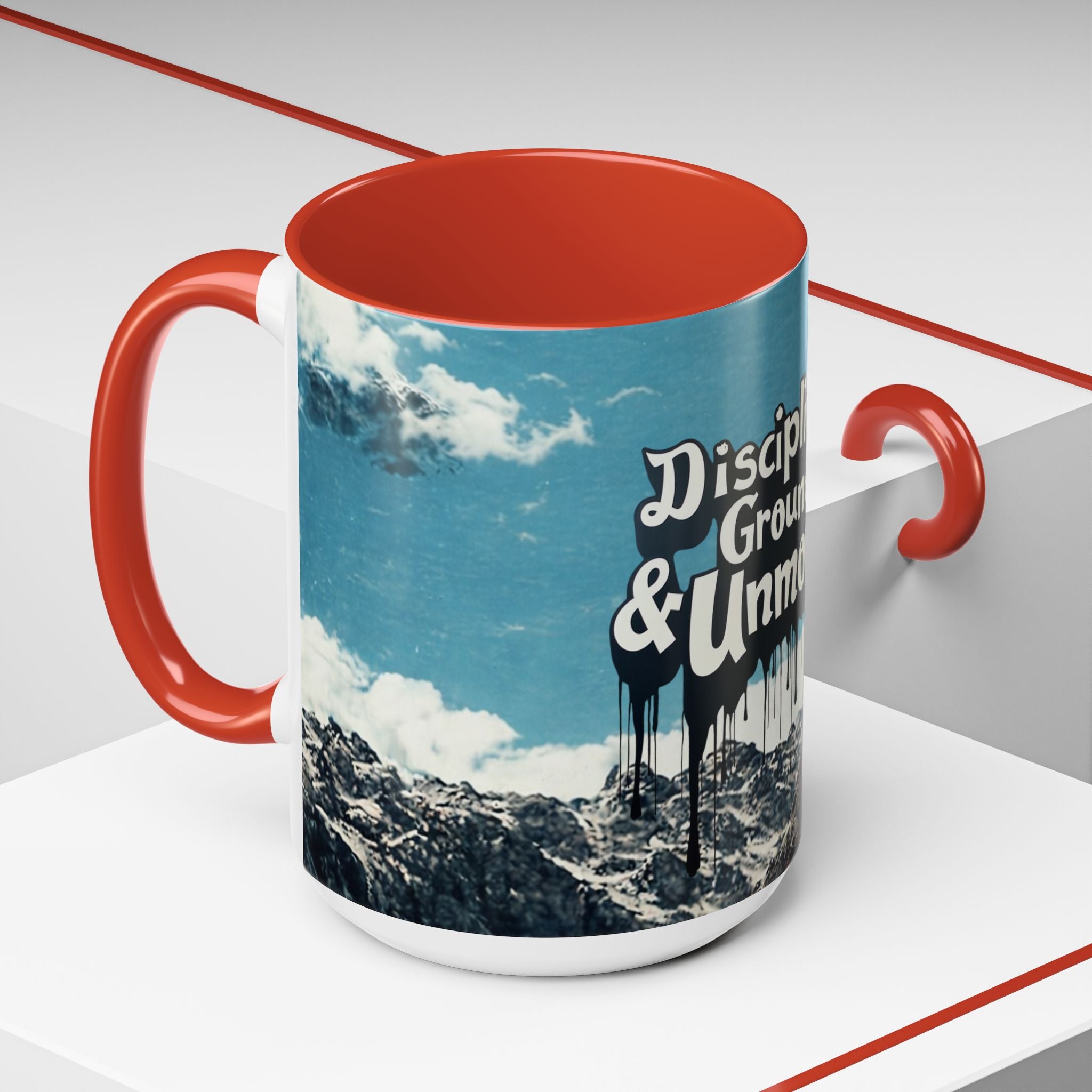 Disciplined, Grounded & Unmoved Coffee Mug — Motivational Mountain Accent Mug (11/15oz)