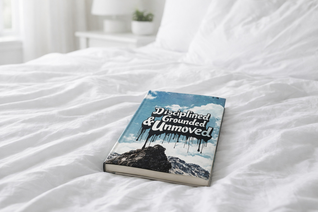Disciplined, Grounded & Unmoved Hardcover Journal — Motivational Mountain Notebook