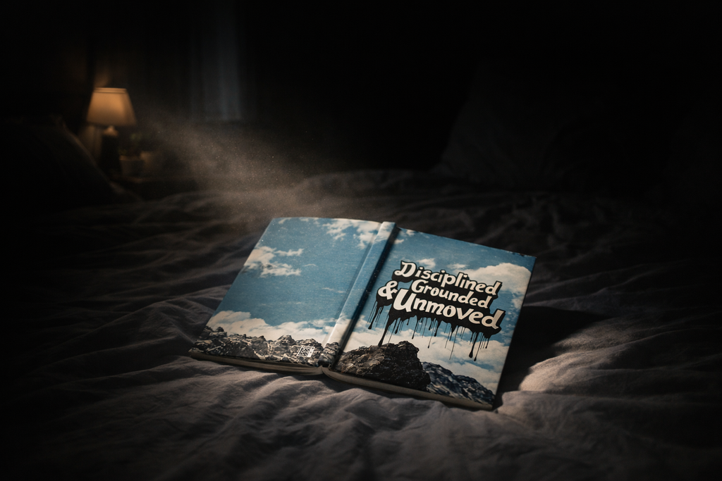 Disciplined, Grounded & Unmoved Hardcover Journal — Motivational Mountain Notebook
