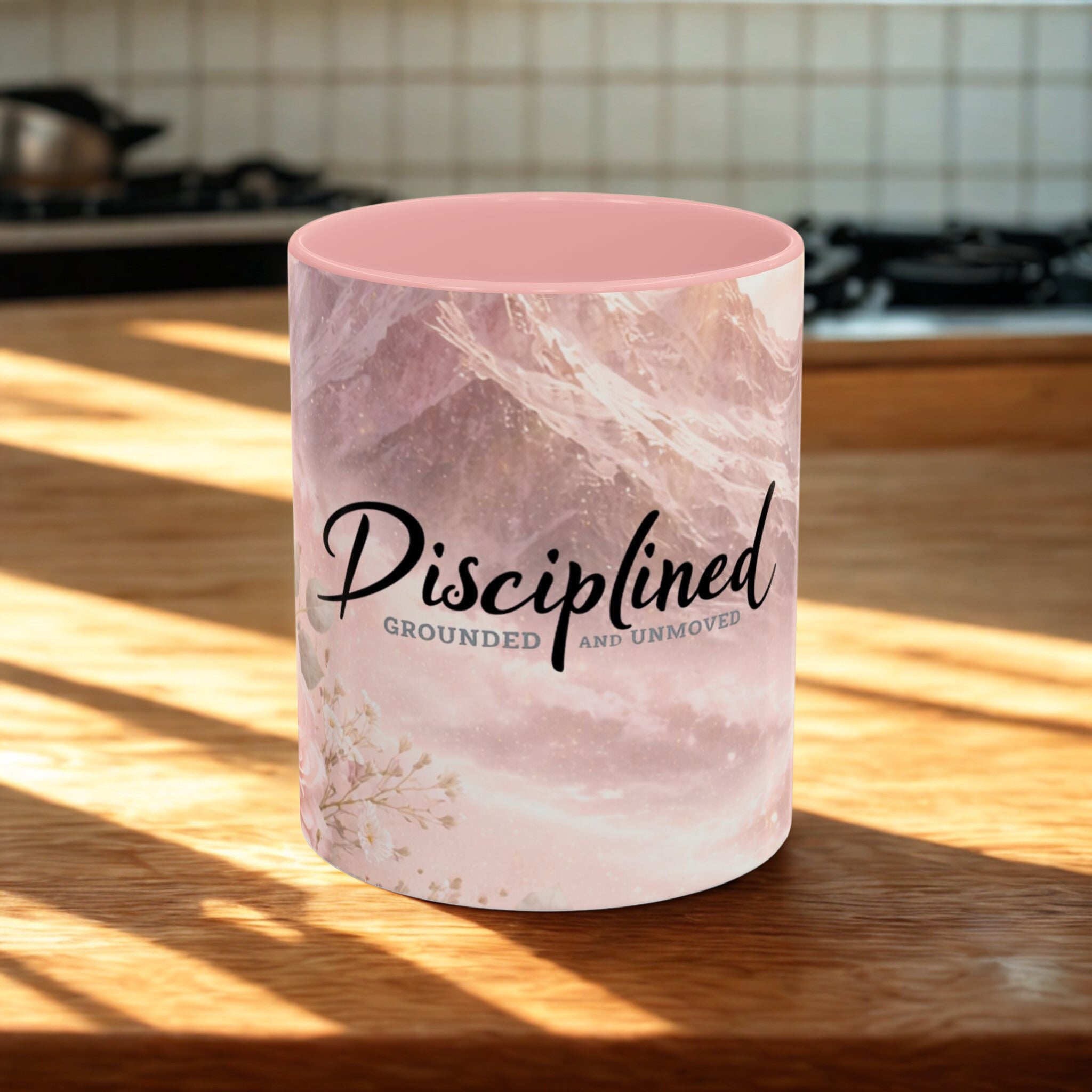 Disciplined Accent Coffee Mug — 'Disciplined: Grounded and Unmoved' Inspirational Pink Marble Ceramic Mug