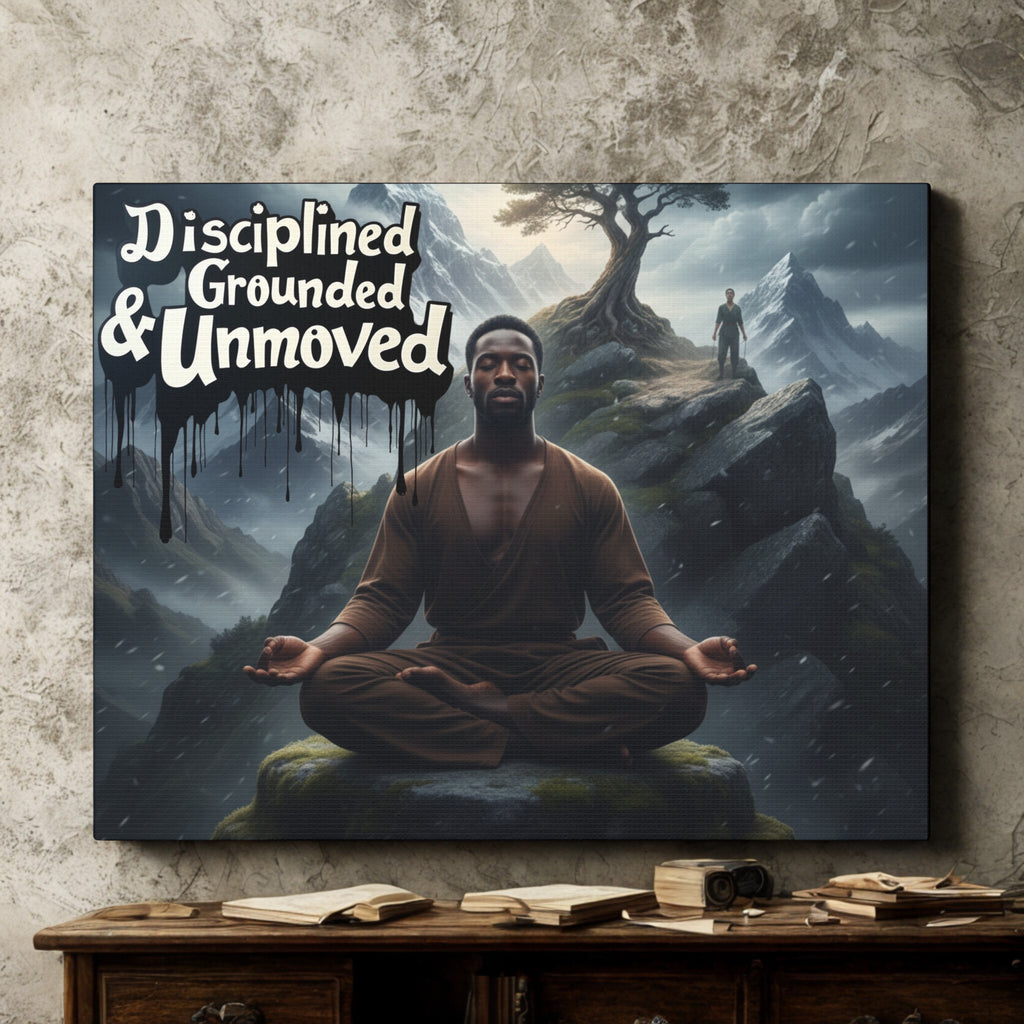 Disciplined, Grounded & Unmoved Canvas Wall Art — Meditation Motivational Print
