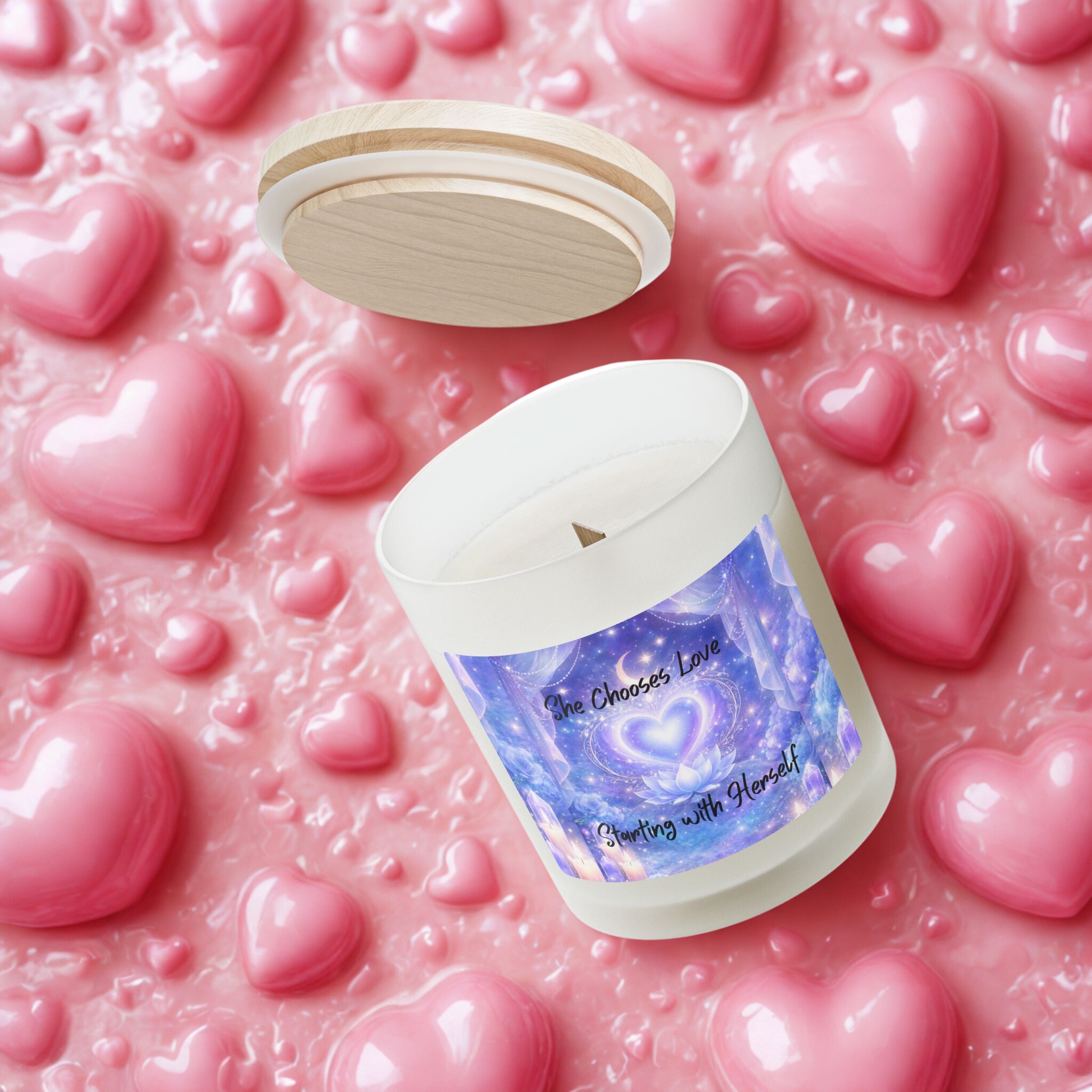 11oz Frosted Glass Candle — "She Chooses Love, Starting with Herself" Lavender Heart Aromatherapy