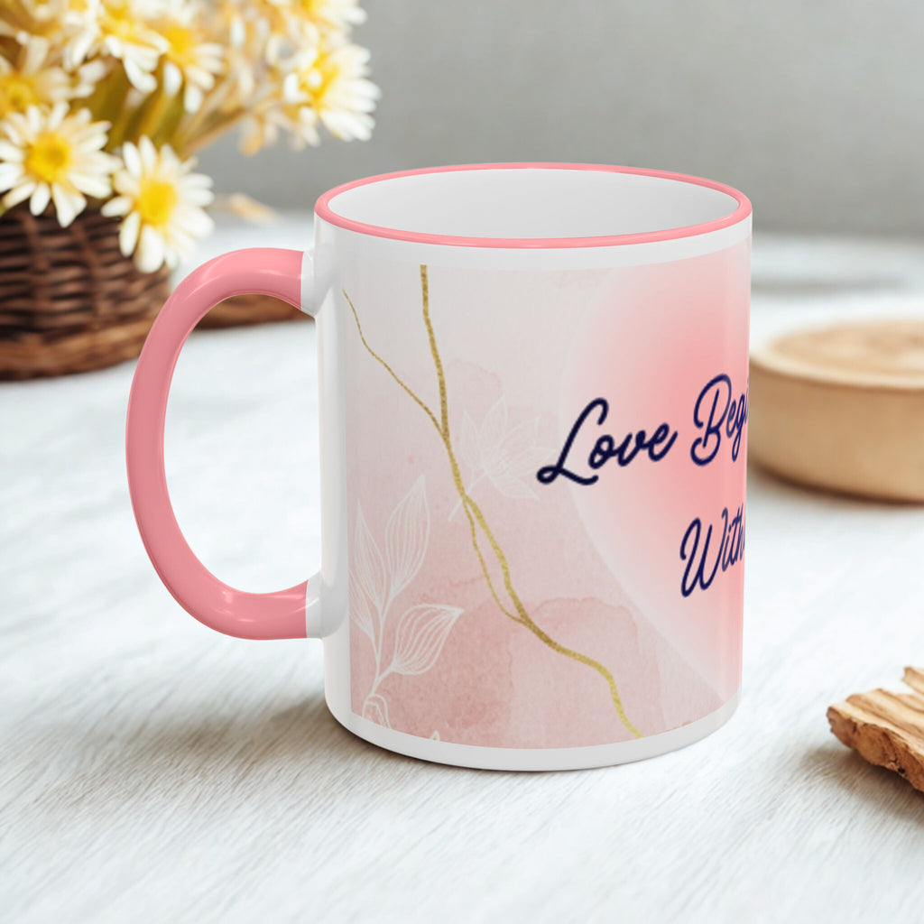 Love Begins Within the Soul Accent Rim & Handle Mug — Inspirational Heart Coffee Cup