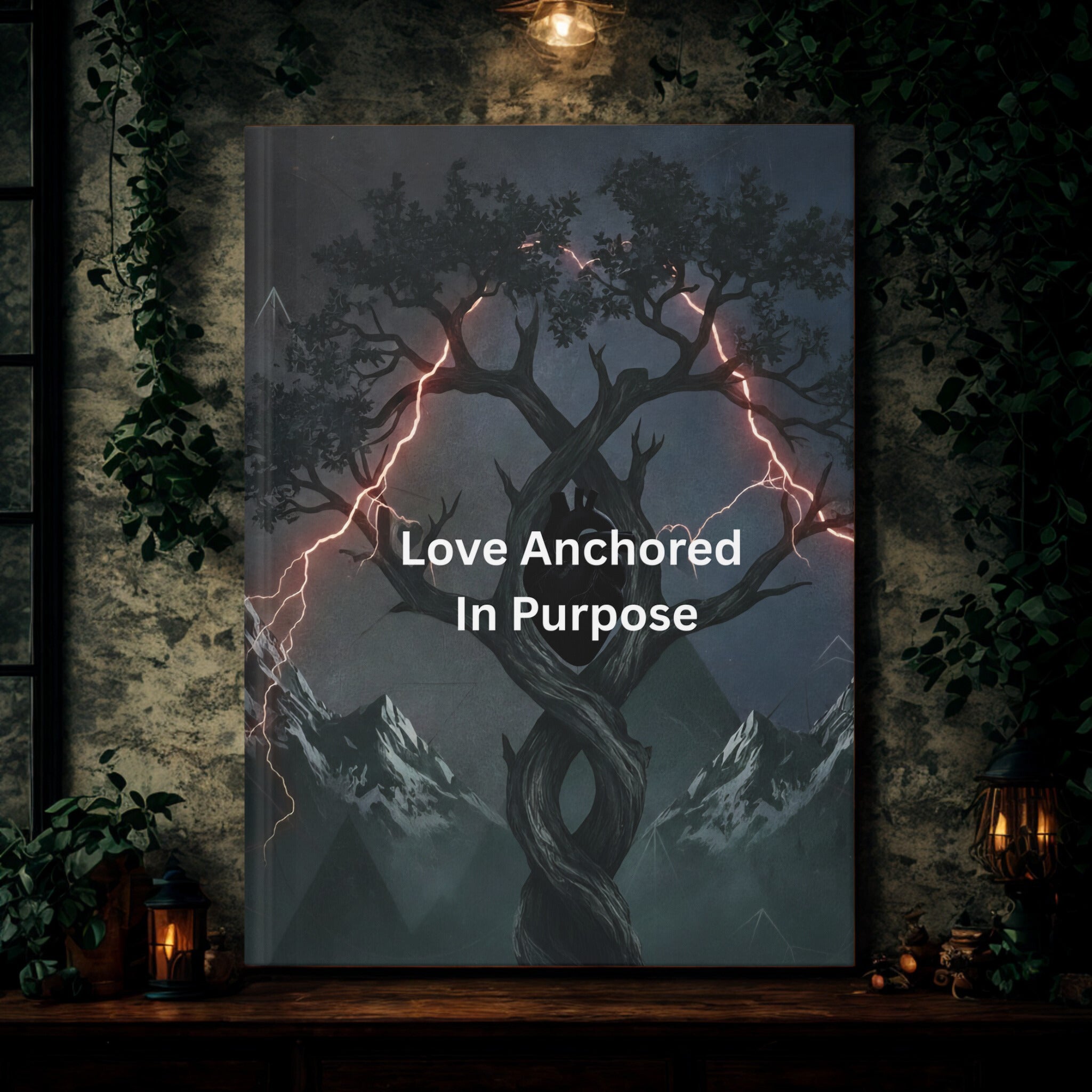 Love Anchored in Purpose Hardcover Journal — Dark Tree & Lightning Inspirational Notebook