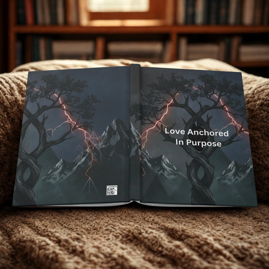 Love Anchored in Purpose Hardcover Journal — Dark Tree & Lightning Inspirational Notebook