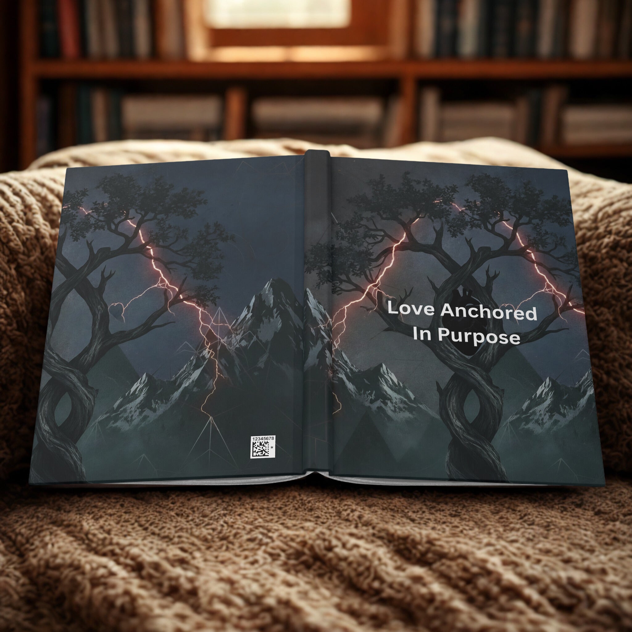 Love Anchored in Purpose Hardcover Journal — Dark Tree & Lightning Inspirational Notebook
