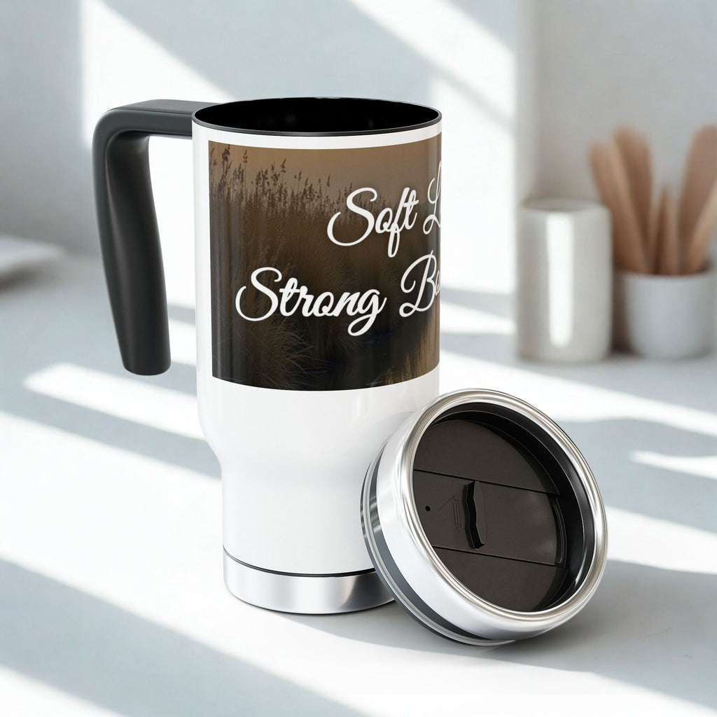 Soft Life, Strong Boundaries Travel Mug — 14oz Stainless Steel Travel Mug with Handle