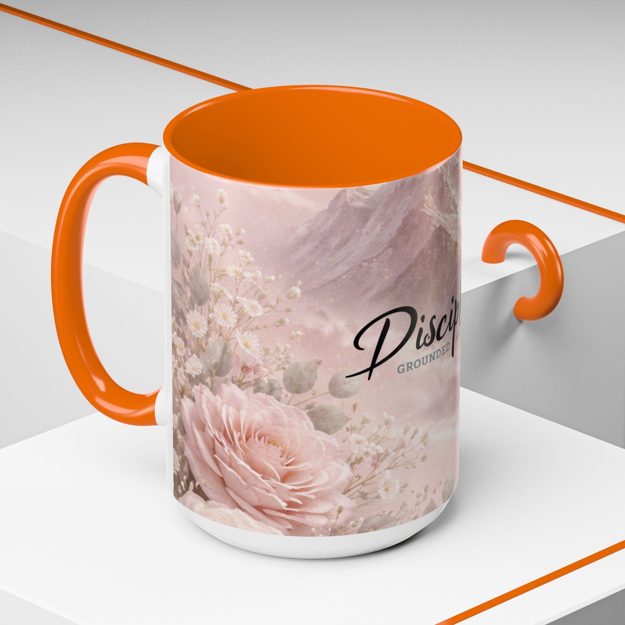 Disciplined Accent Coffee Mug — 'Disciplined: Grounded and Unmoved' Inspirational Pink Marble Ceramic Mug