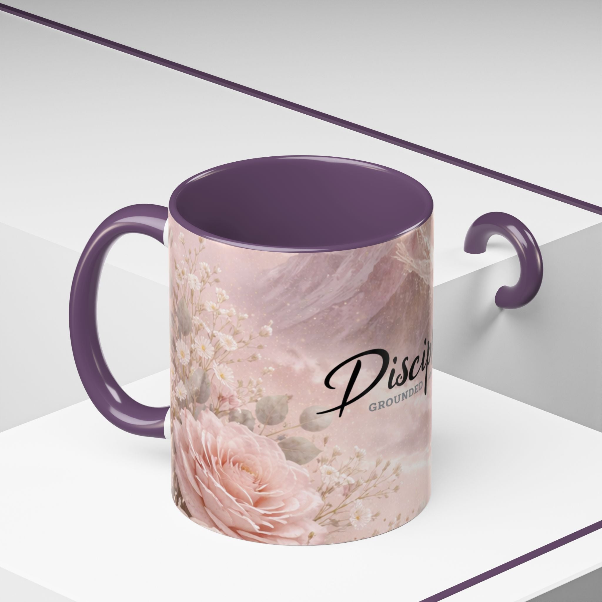 Disciplined Accent Coffee Mug — 'Disciplined: Grounded and Unmoved' Inspirational Pink Marble Ceramic Mug