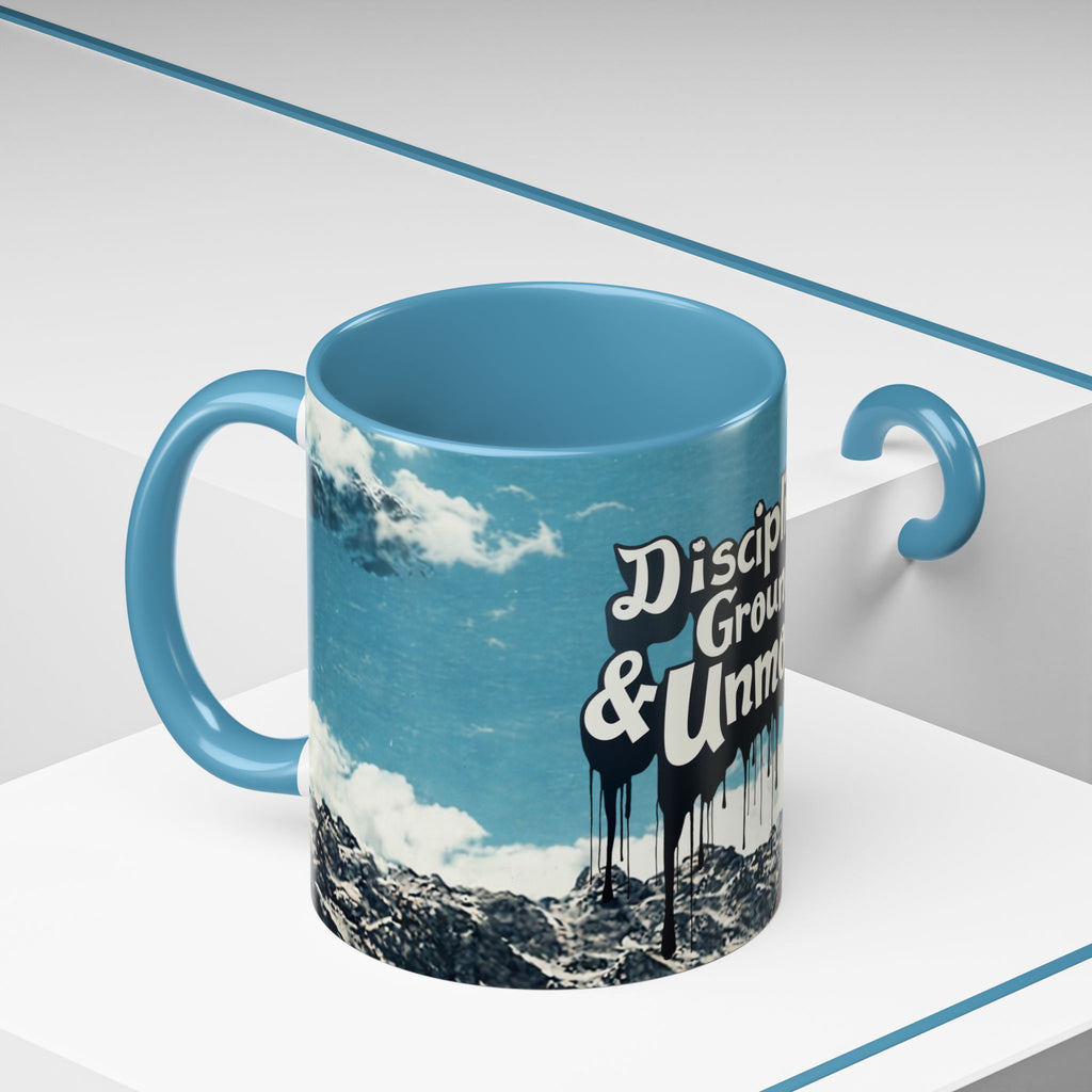 Disciplined, Grounded & Unmoved Coffee Mug — Motivational Mountain Accent Mug (11/15oz)