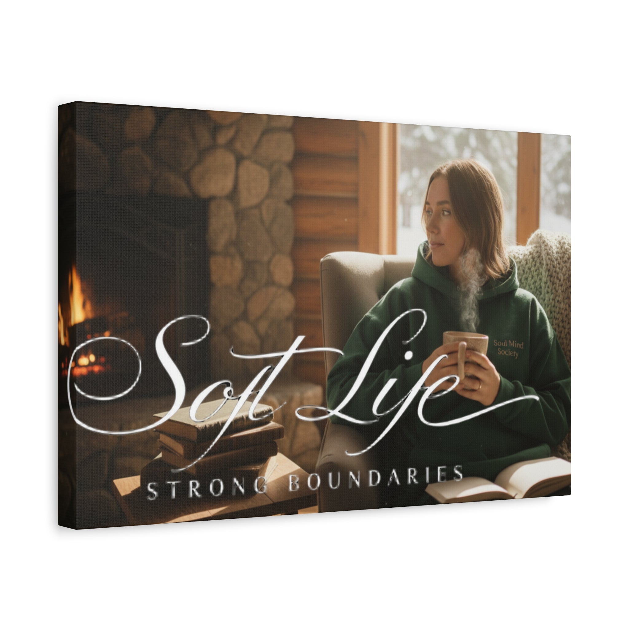 Canvas Wall Art — "Soft Life, Strong Boundaries" Woman 2 Cozy Cabin Print
