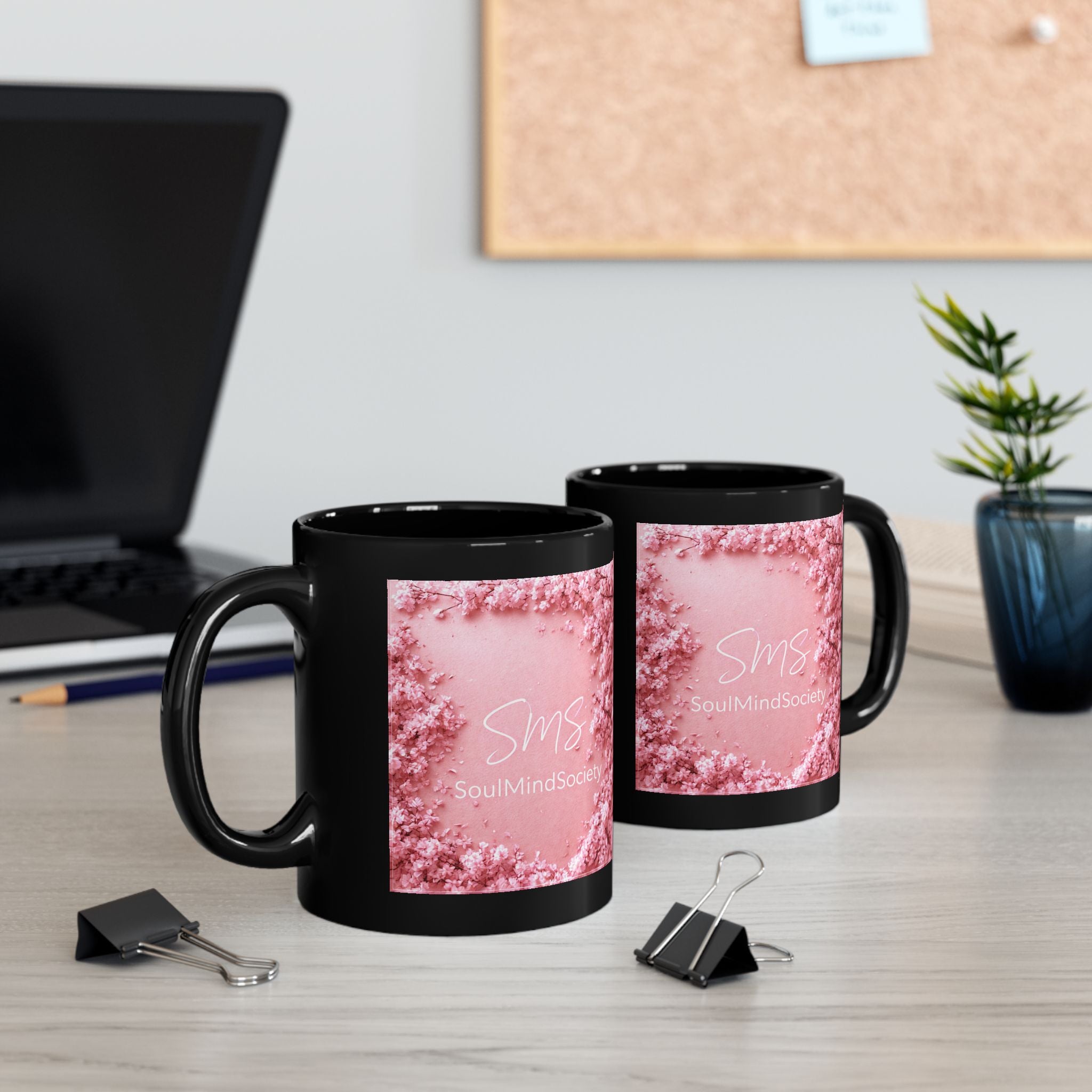 Pink Rose Cloud Black Mug — 'SMS SoulMindSociety' 11oz & 15oz