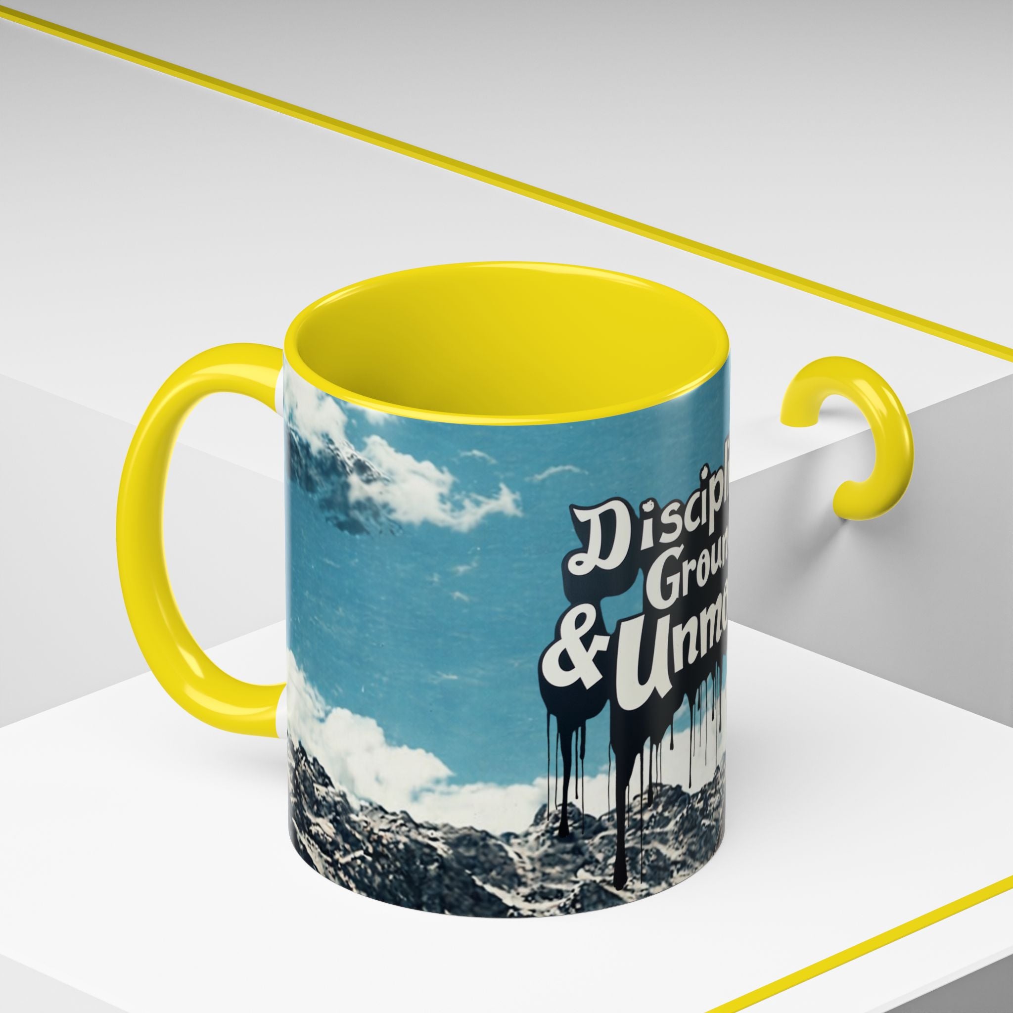 Disciplined, Grounded & Unmoved Coffee Mug — Motivational Mountain Accent Mug (11/15oz)