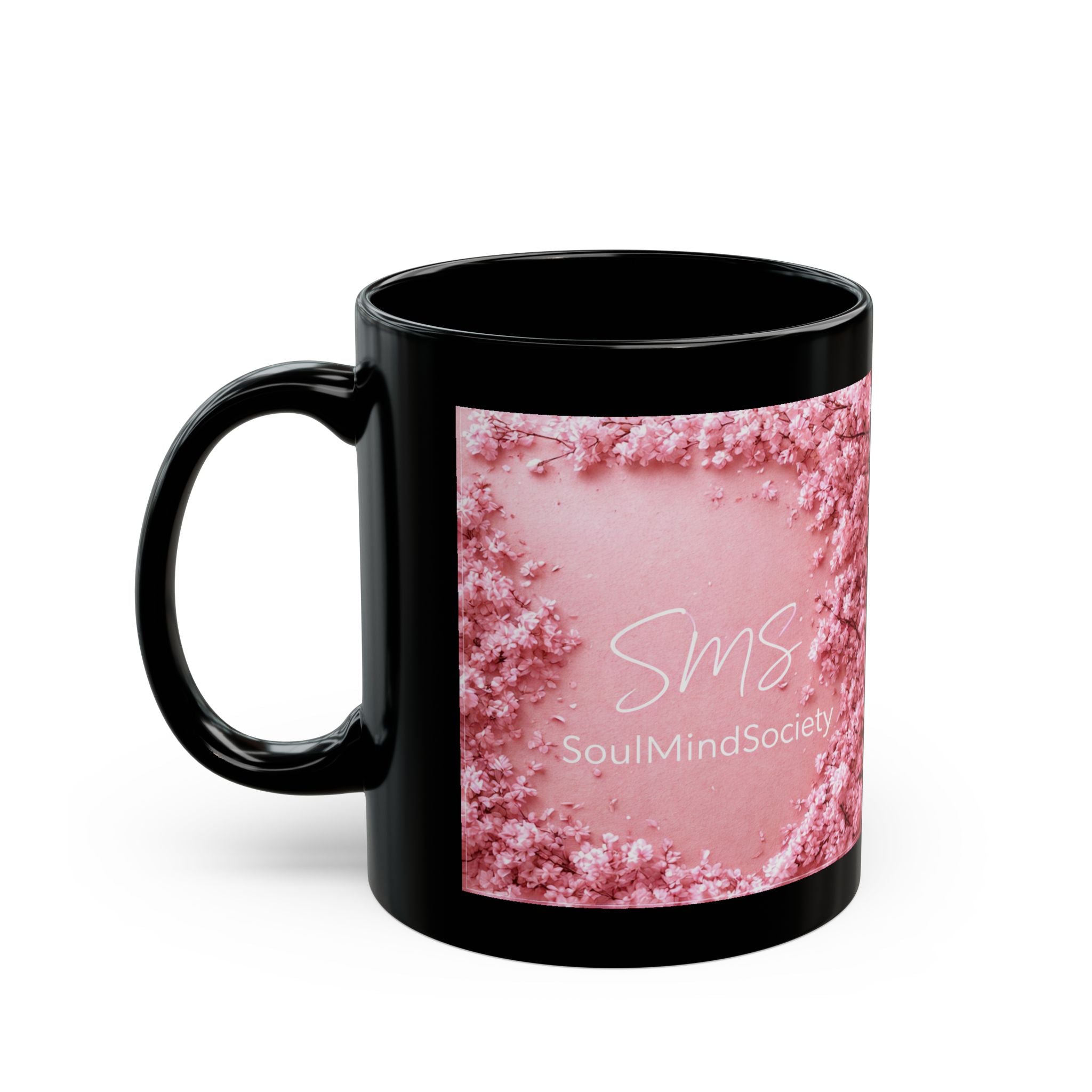 Pink Rose Cloud Black Mug — 'SMS SoulMindSociety' 11oz & 15oz